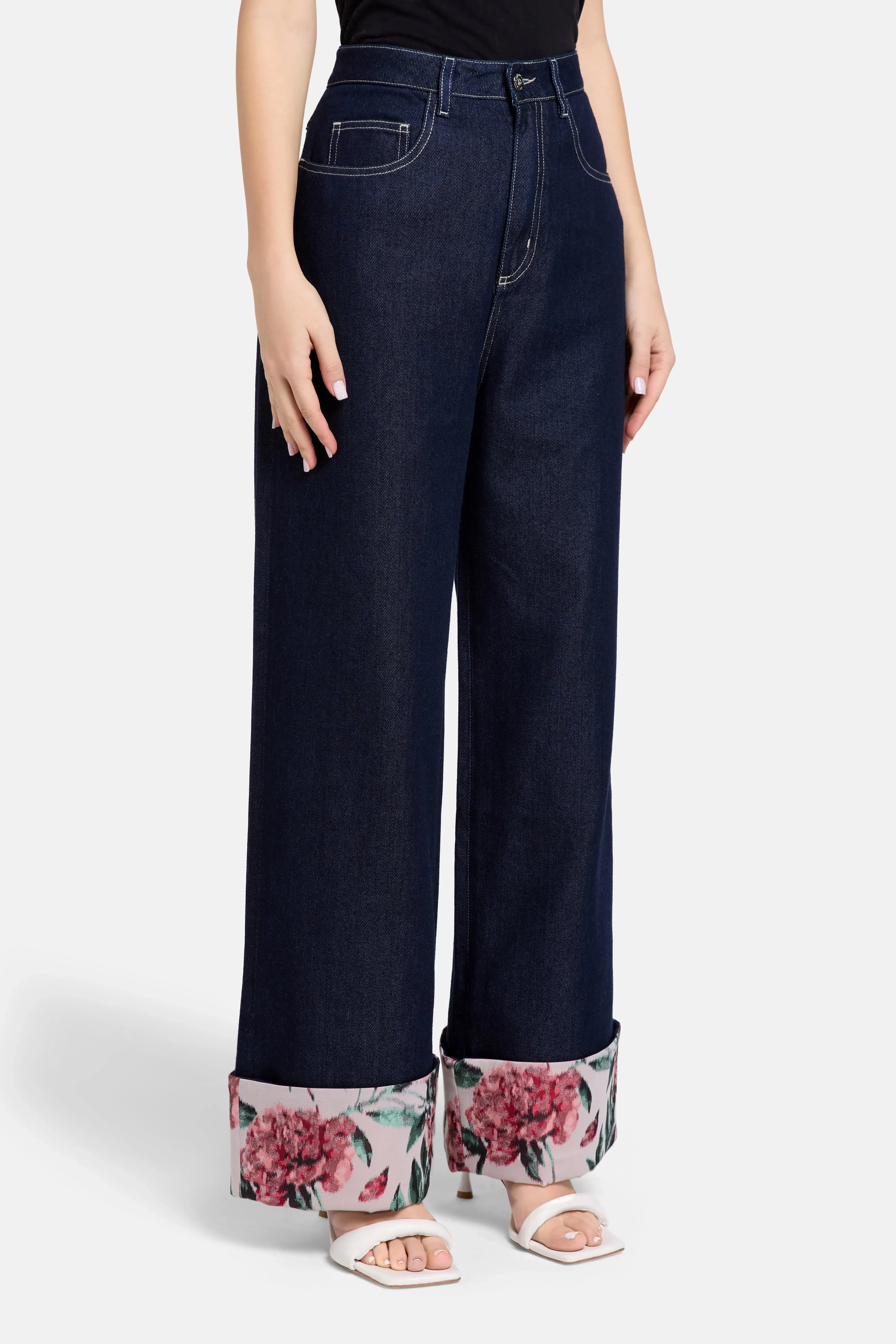 Marques'Almeida Indigo Floral Brocade Denim Cotton Wide Legged Jeans in Blue