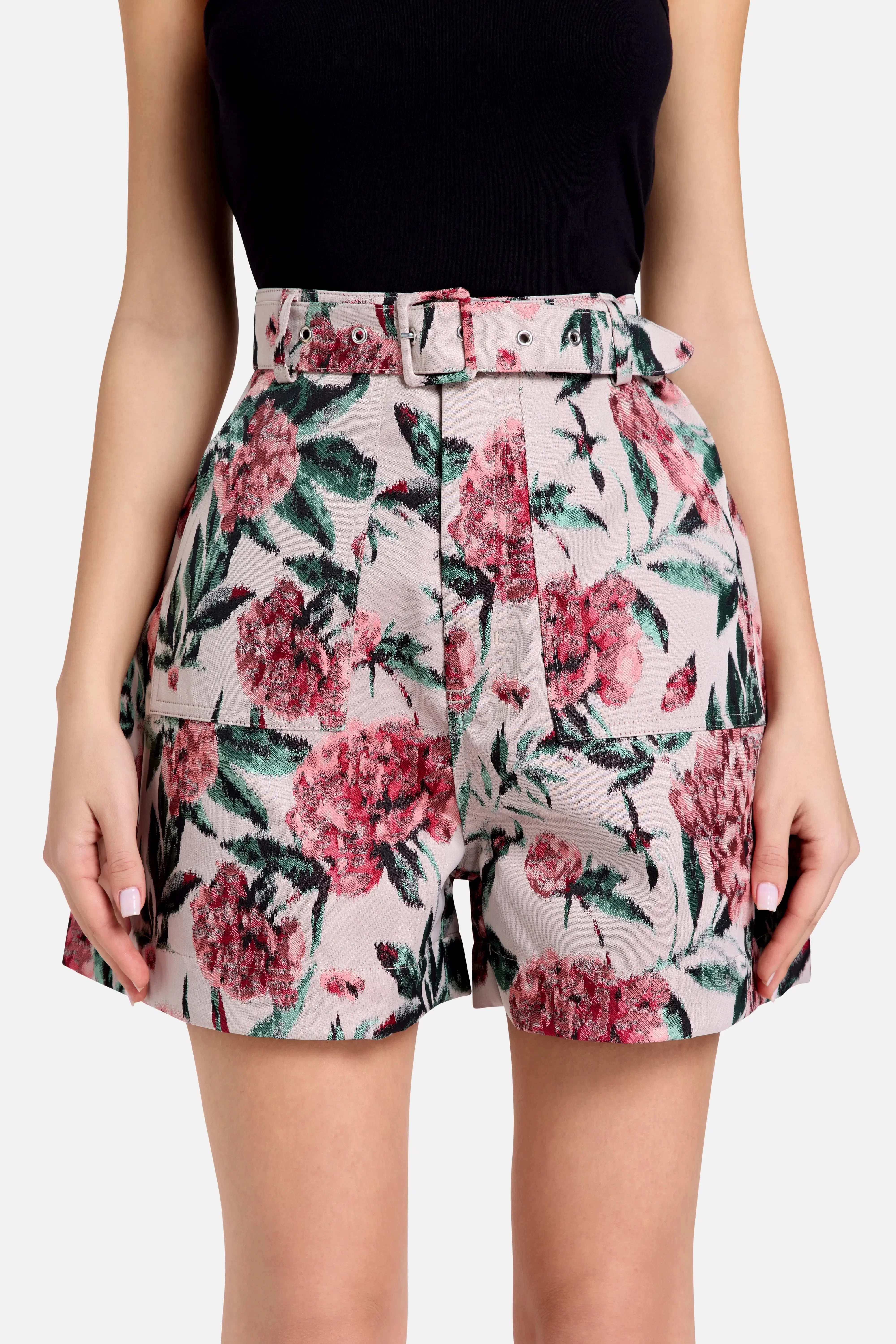 Marques'Almeida Floral Brocade Belted High Waisted Shorts in Pink