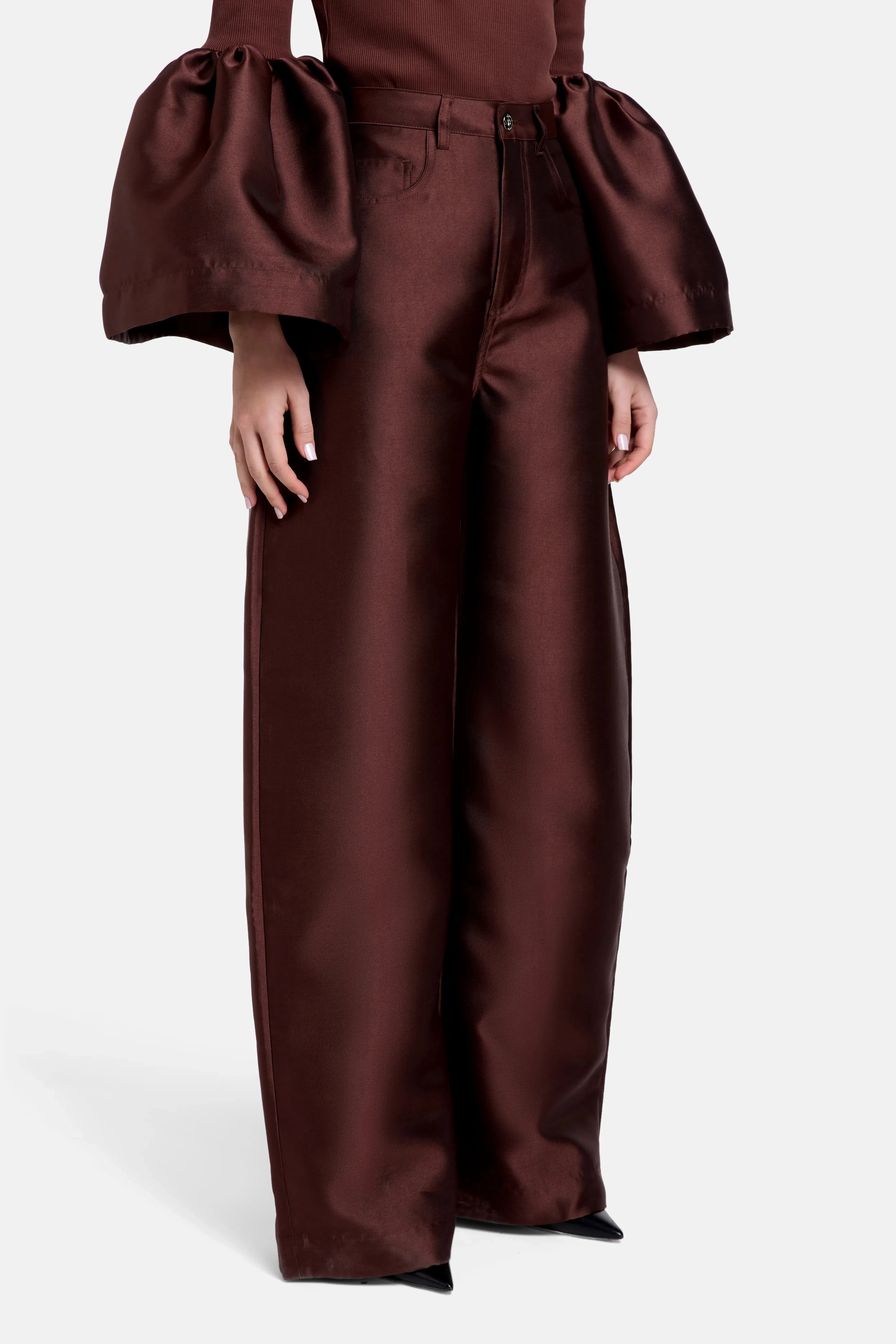 Marques'Almeida Boyfriend Style Satin Wide Legged Trousers in Brown