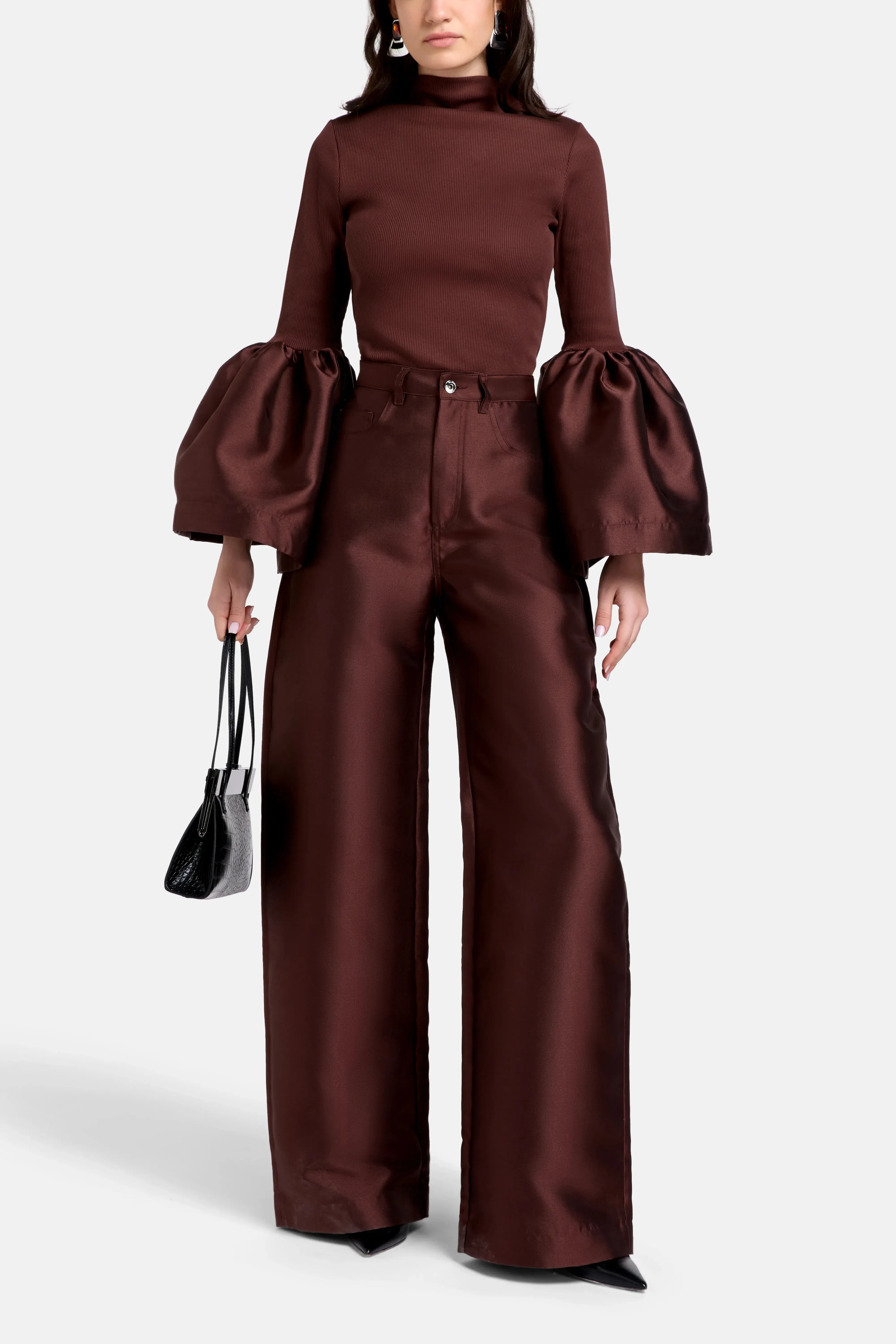 Marques'Almeida Boyfriend Style Satin Wide Legged Trousers in Brown