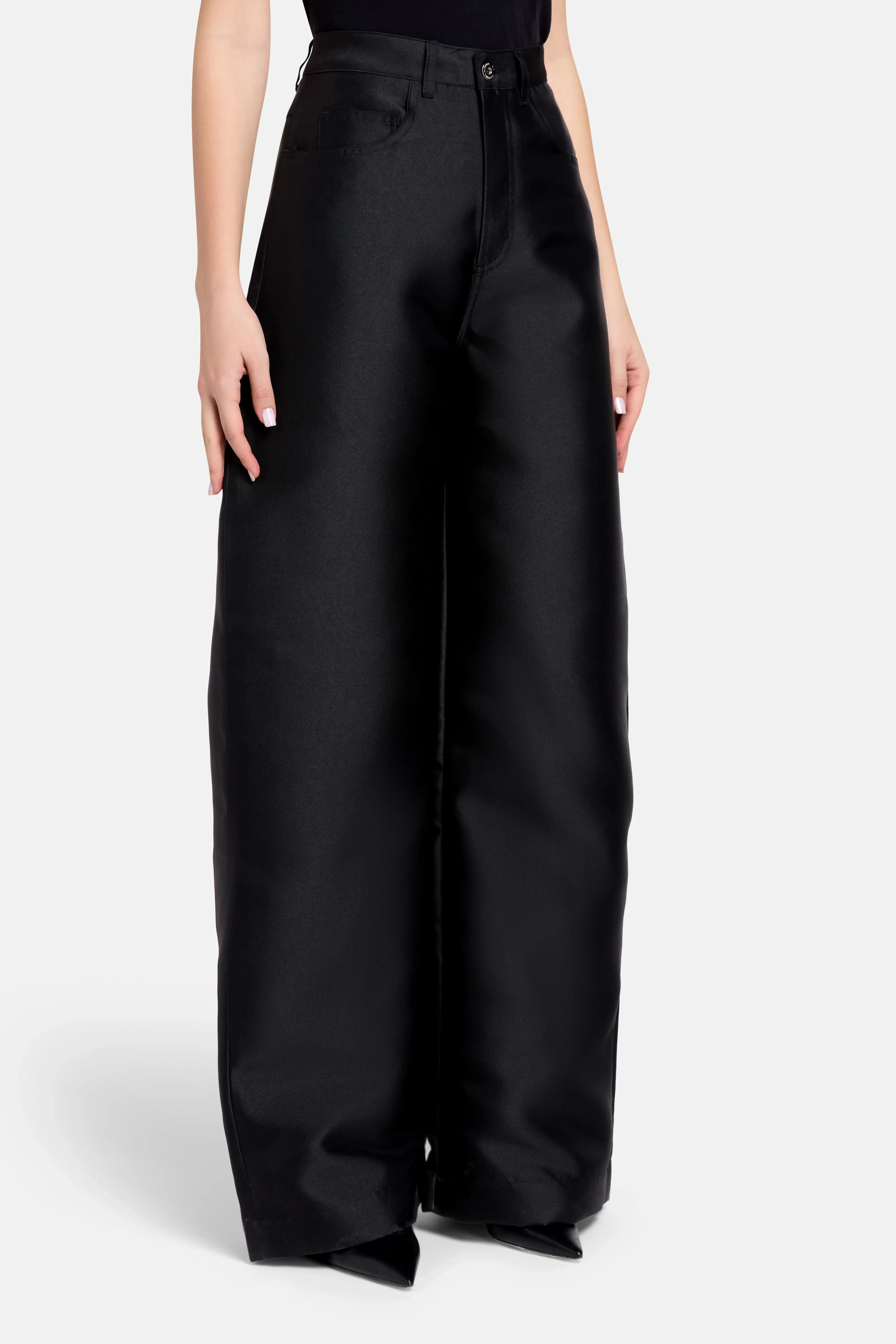 Marques'Almeida Boyfriend Style Satin Wide Legged Trousers in Black