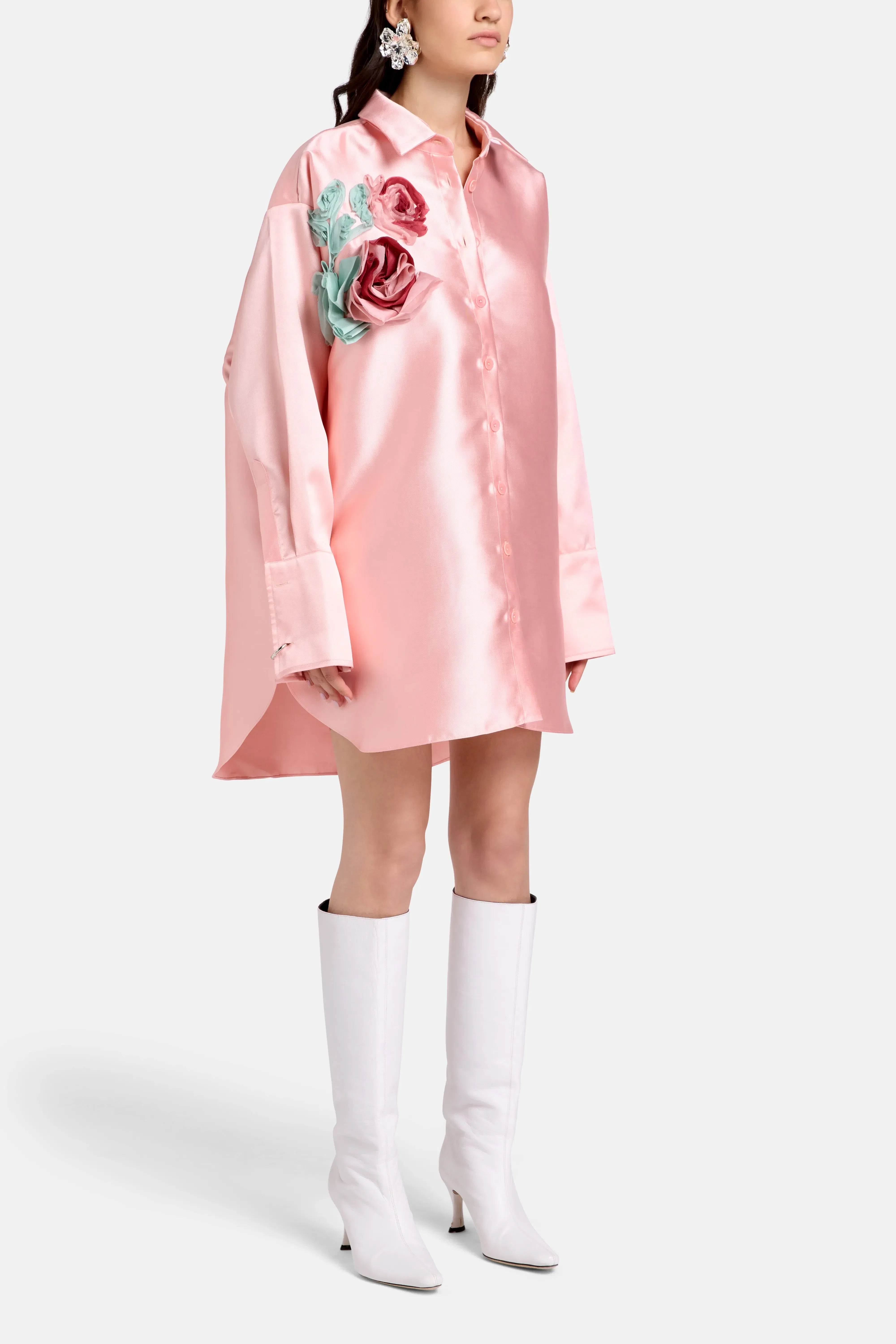 Marques'Almeida Floral Embellished Satin Oversized Shirt in Pink
