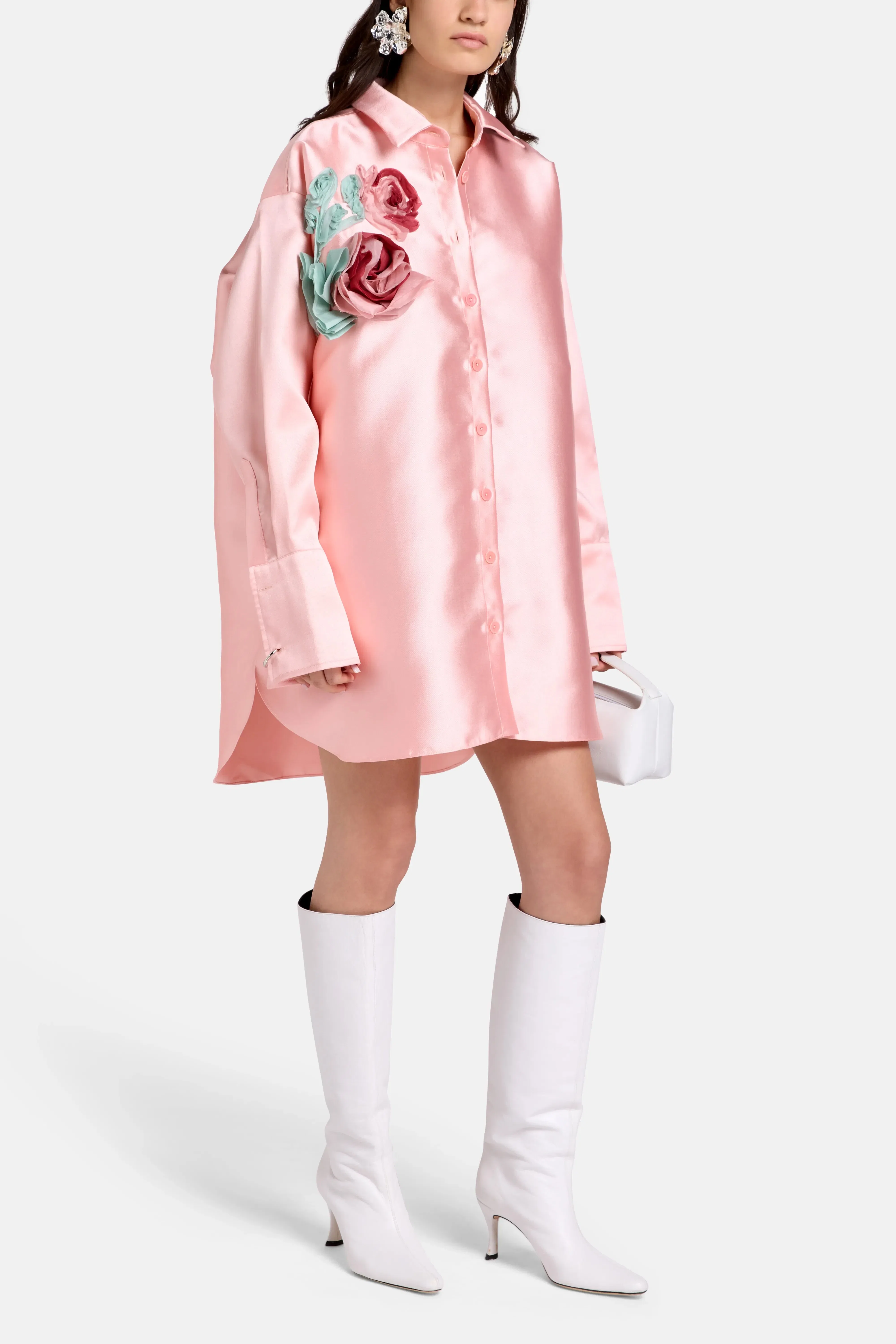 Marques'Almeida Floral Embellished Satin Oversized Shirt in Pink