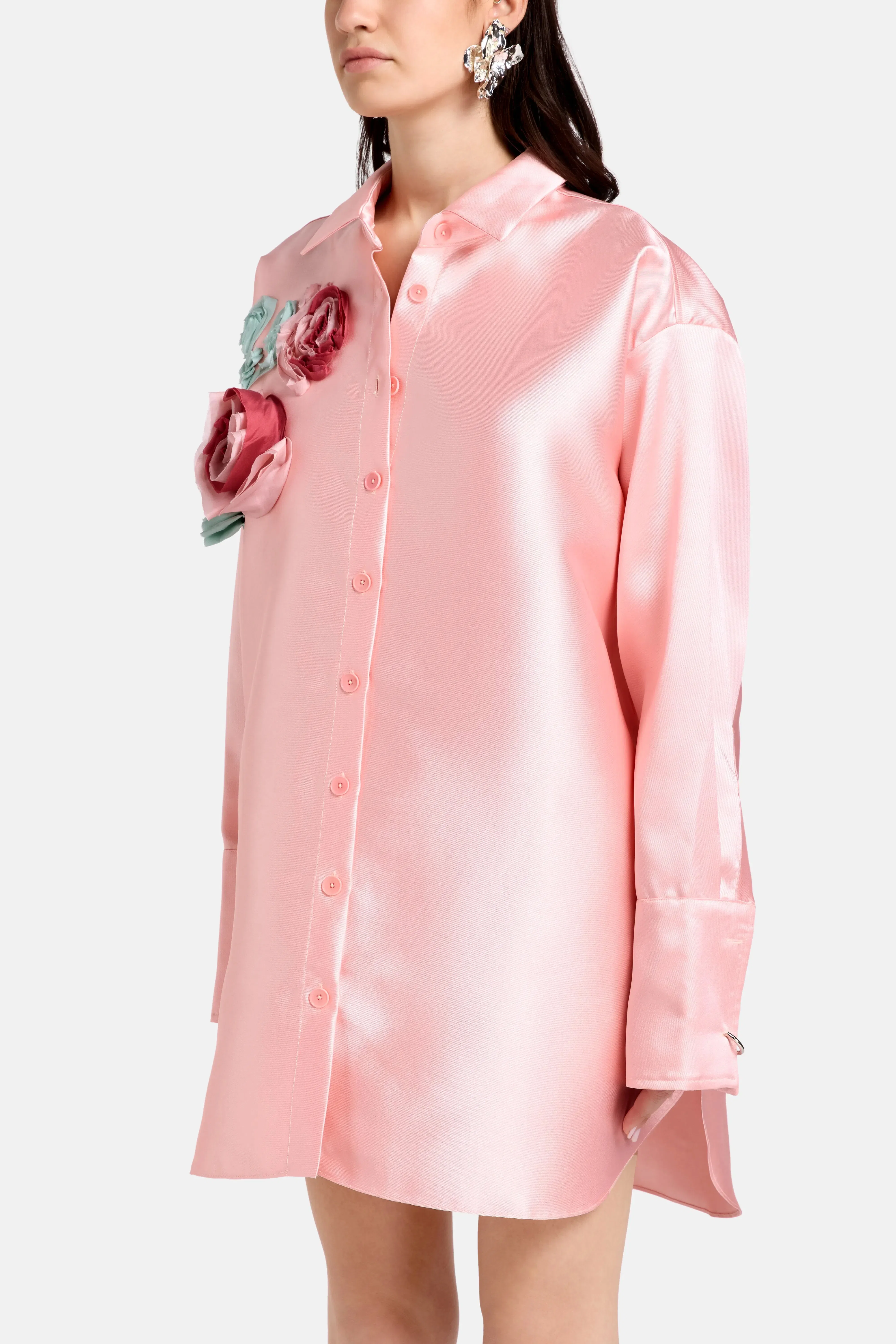 Marques'Almeida Floral Embellished Satin Oversized Shirt in Pink
