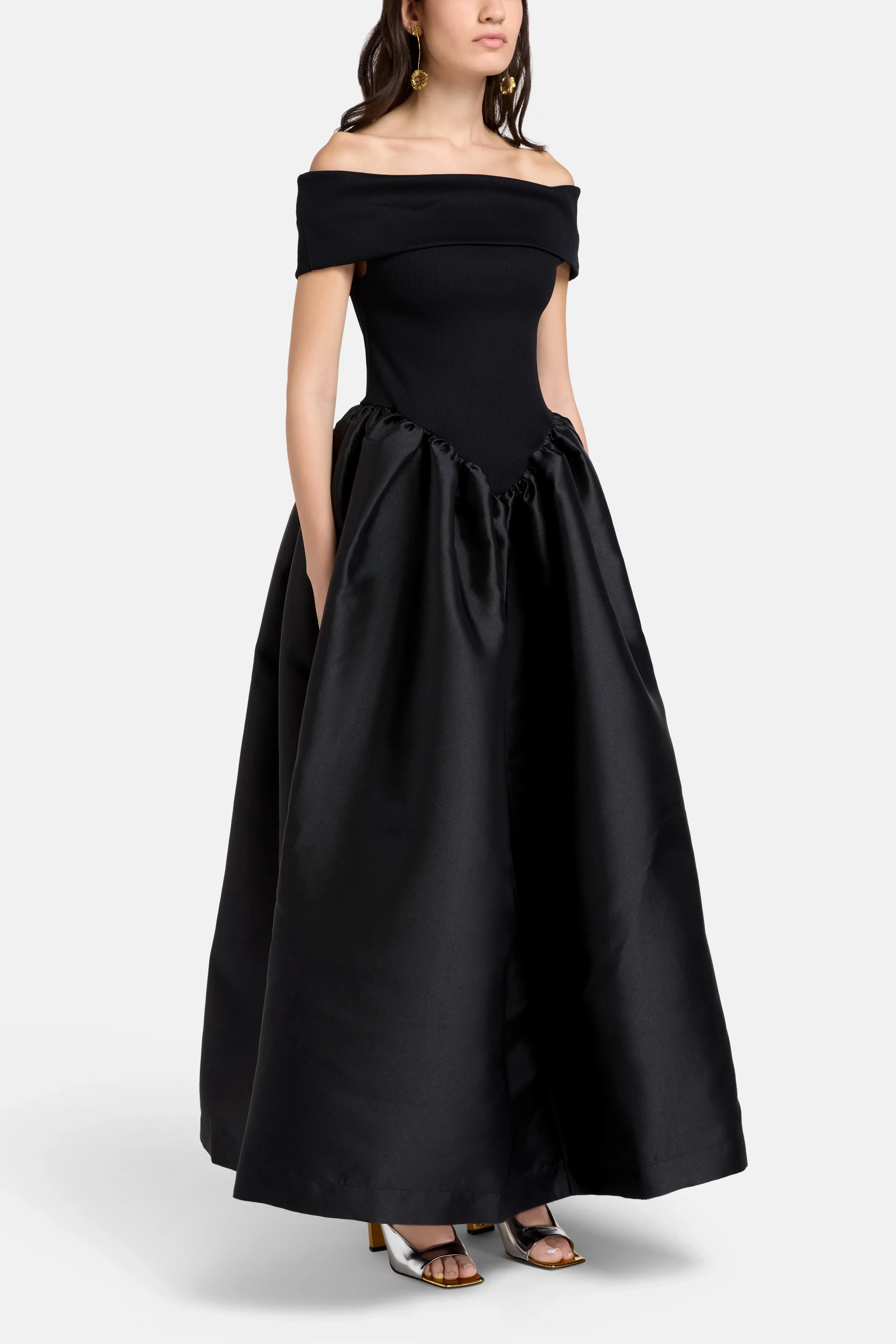 Marques'Almeida Princess Off Shoulder Satin Maxi Dress in Black