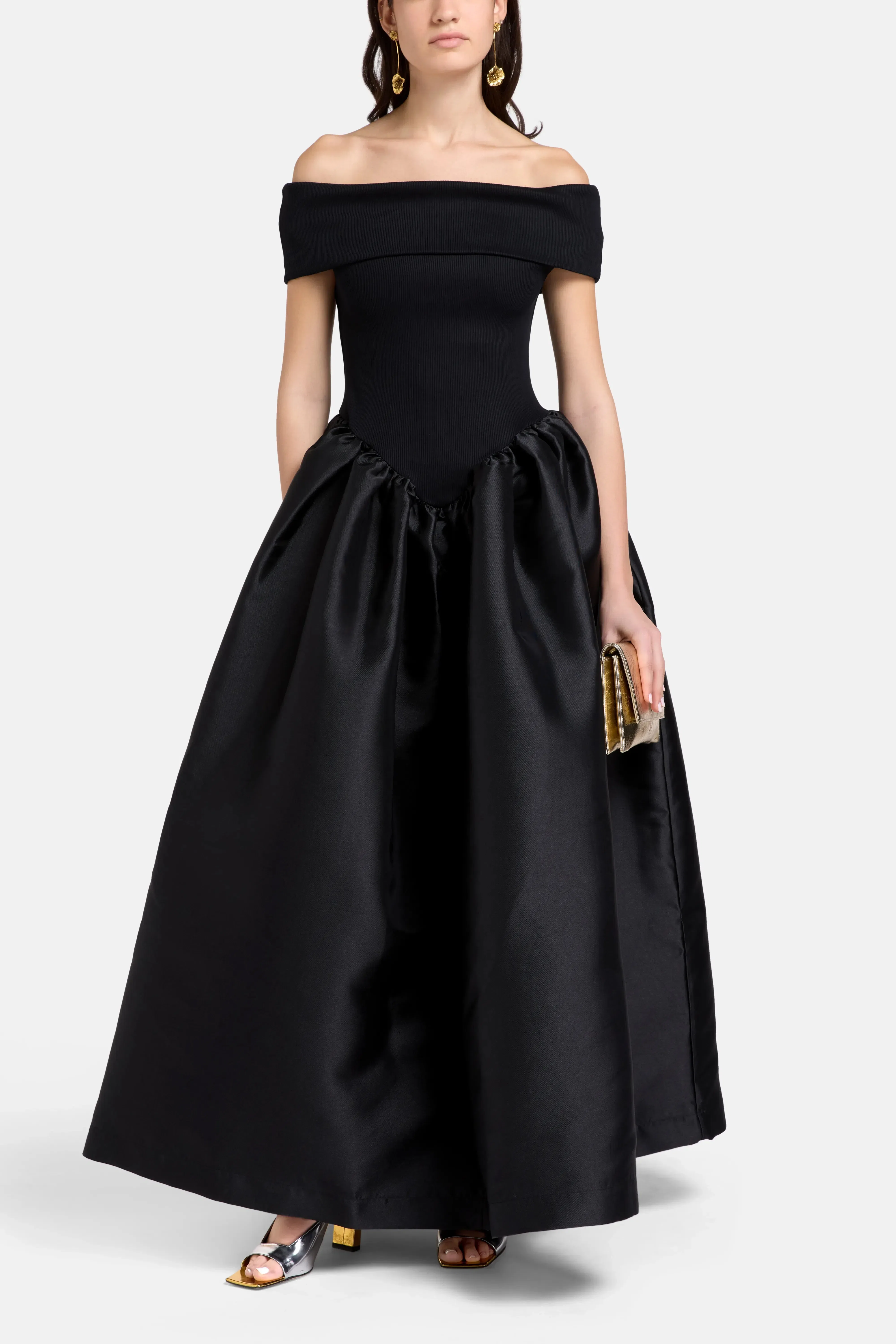 Marques'Almeida Princess Off Shoulder Satin Maxi Dress in Black