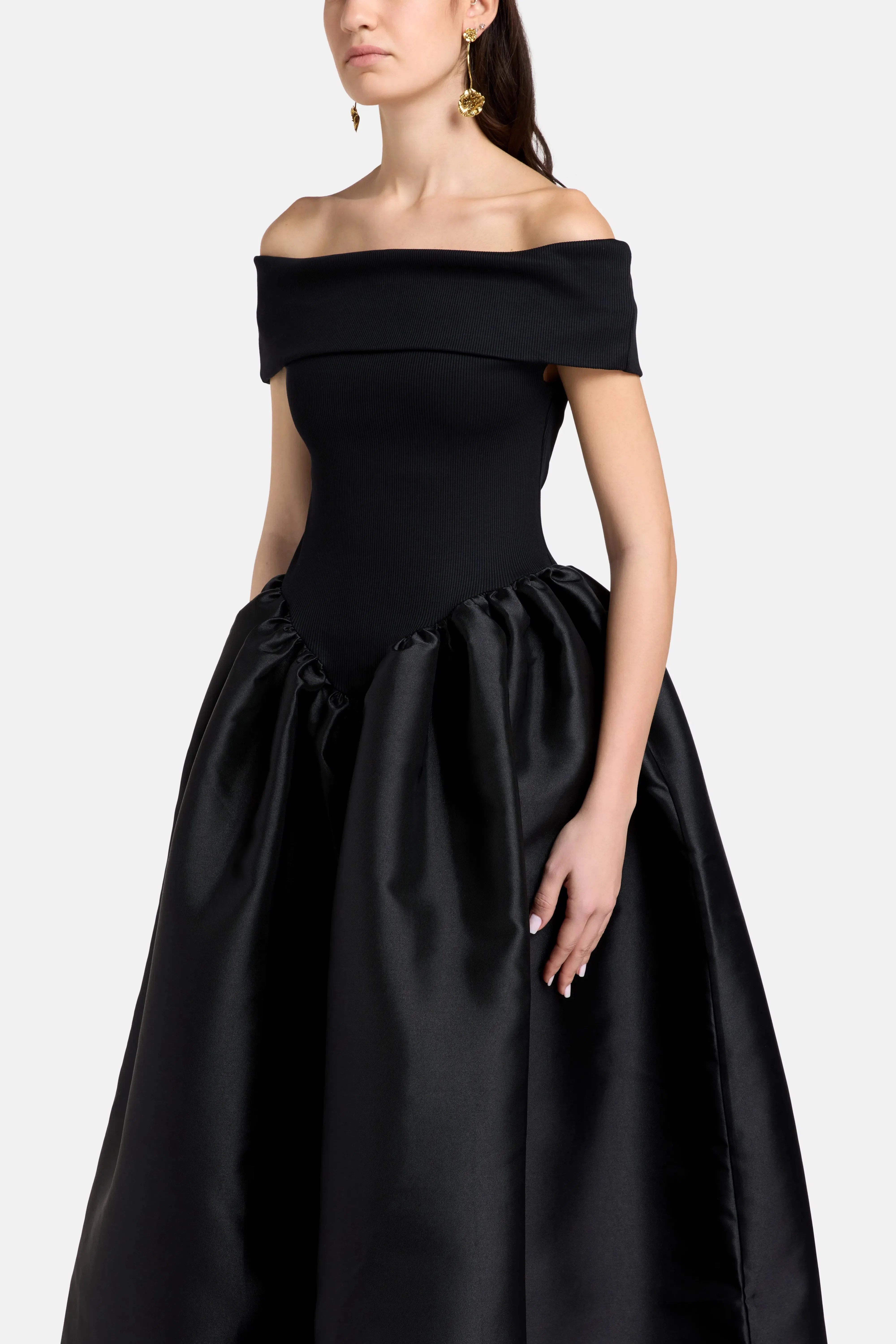 Marques'Almeida Princess Off Shoulder Satin Maxi Dress in Black