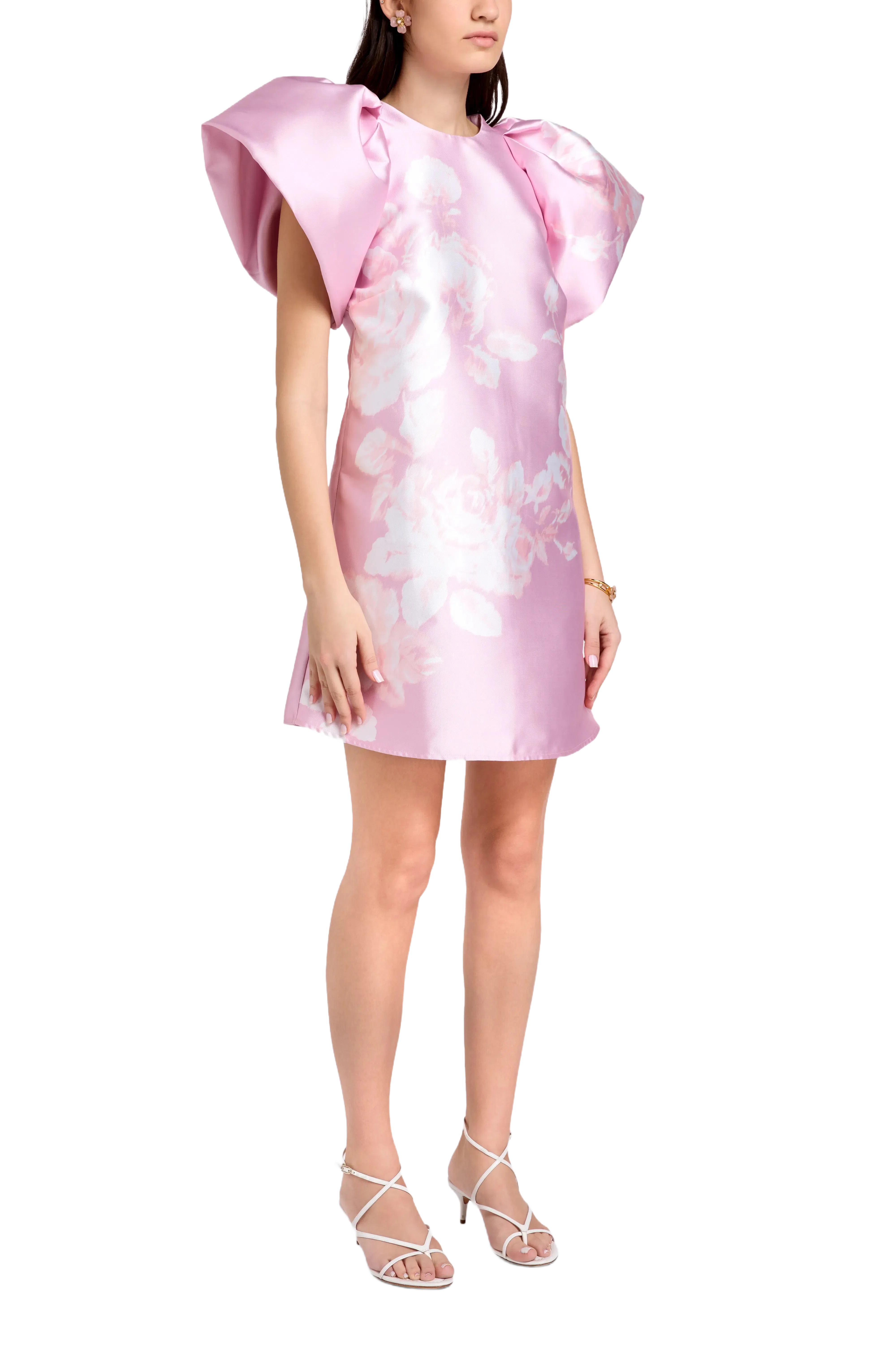 Marques'Almeida Floral Satin Balloon Sleeves Mini Dress in Pink