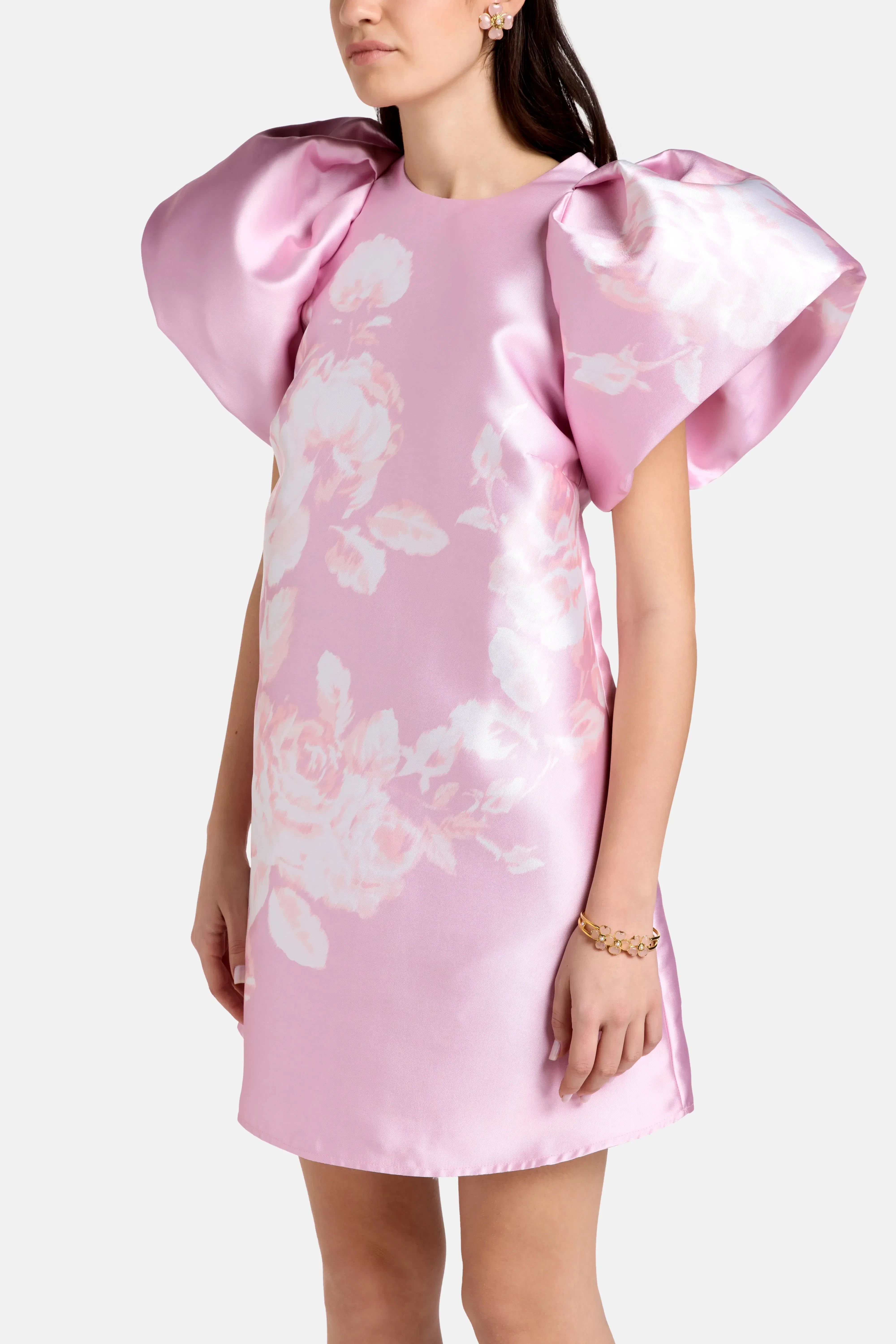 Marques'Almeida Floral Satin Balloon Sleeves Mini Dress in Pink