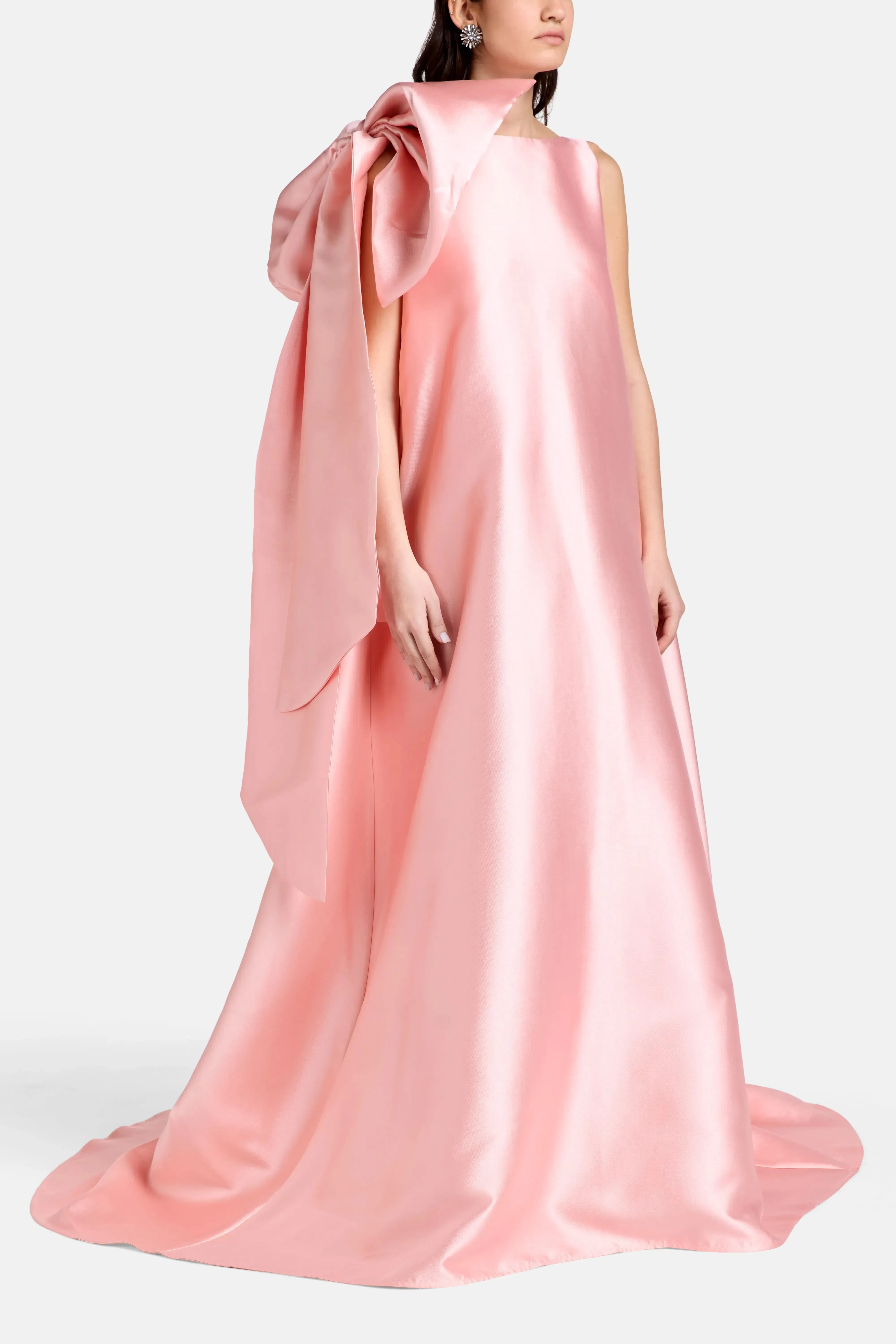 Marques'Almeida Satin Long Train Bow Shoulder Evening Gown in Pink