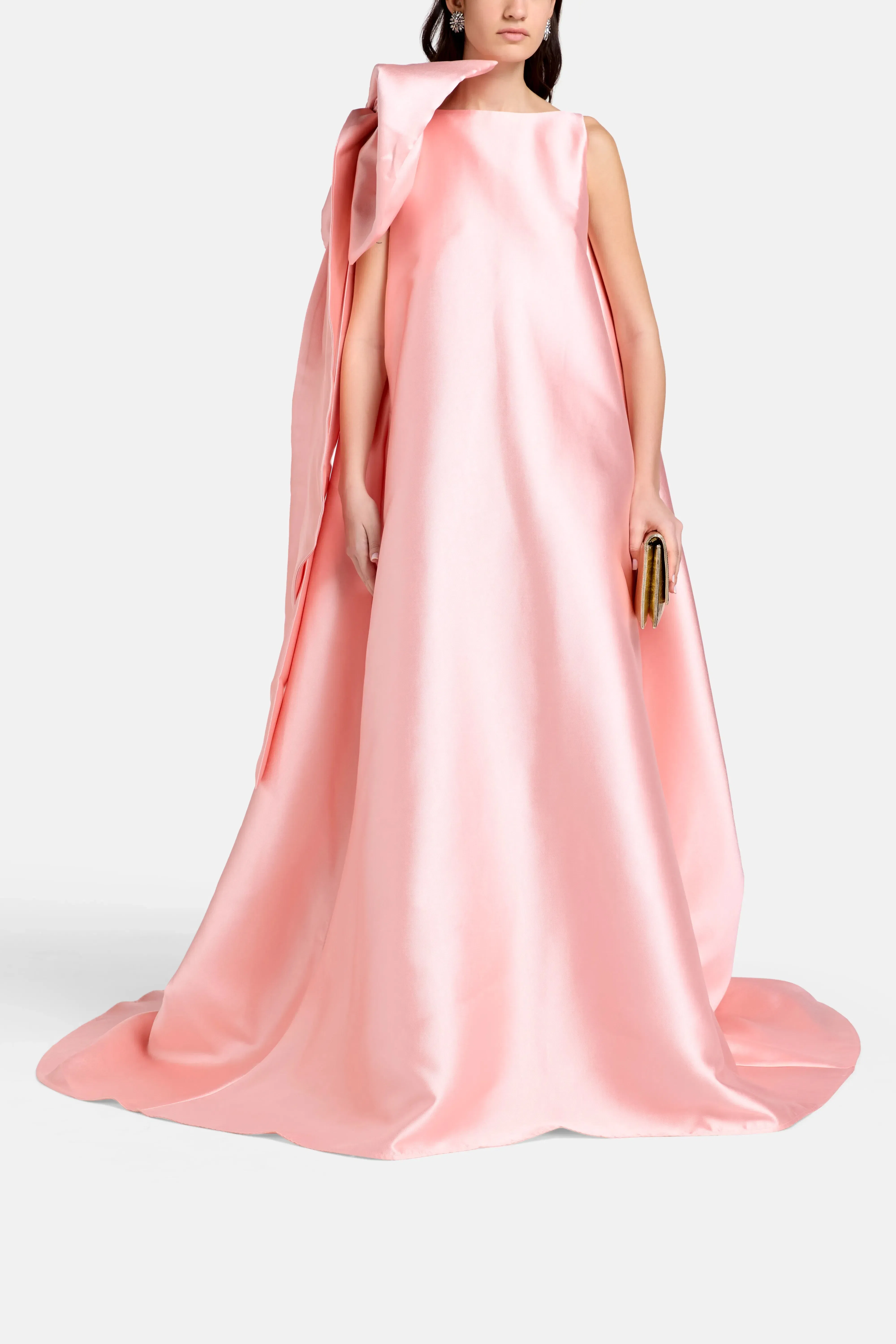 Marques'Almeida Satin Long Train Bow Shoulder Evening Gown in Pink