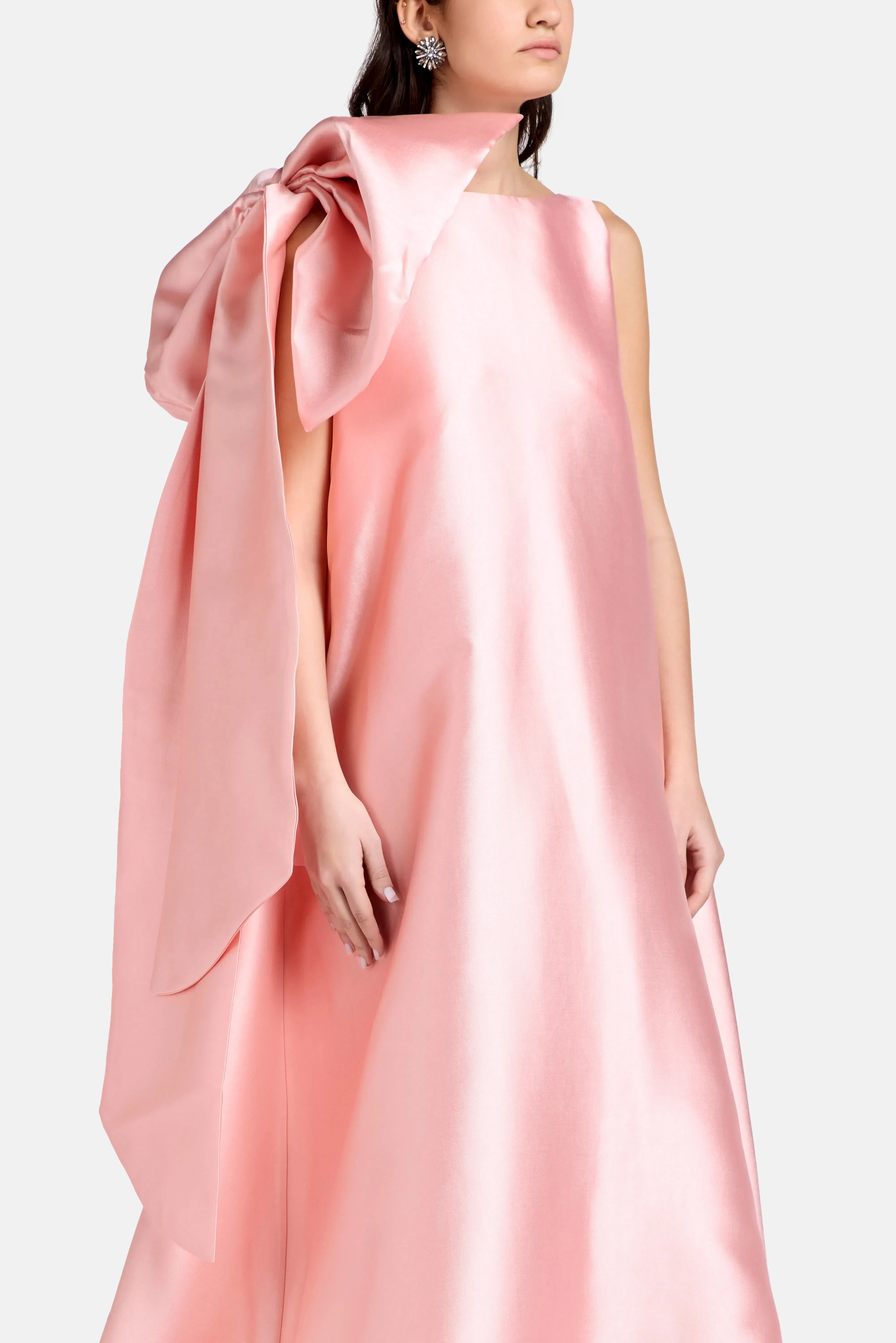 Marques'Almeida Satin Long Train Bow Shoulder Evening Gown in Pink