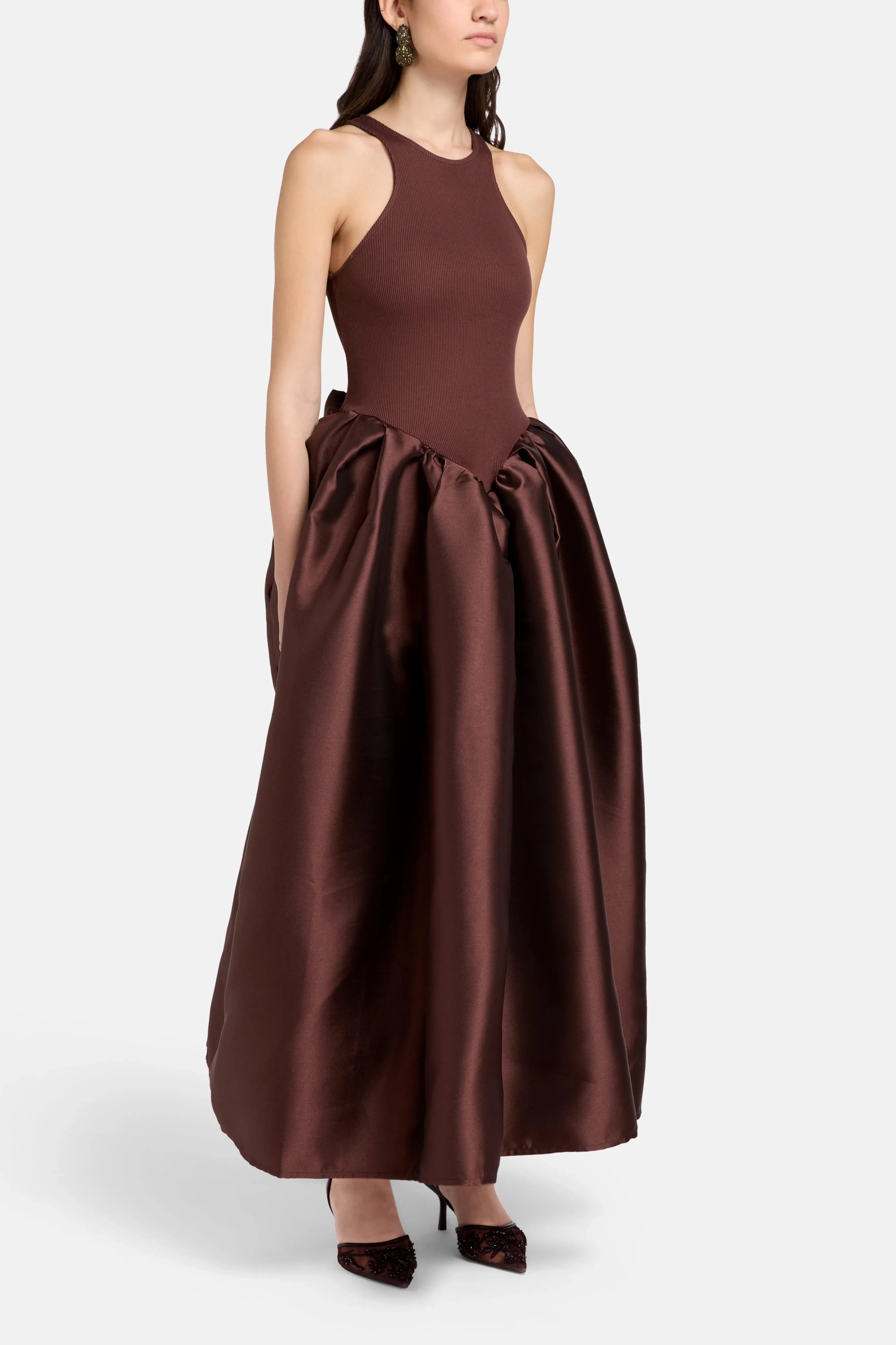Marques'Almeida Princess Sleeveless Satin Maxi Dress in Brown