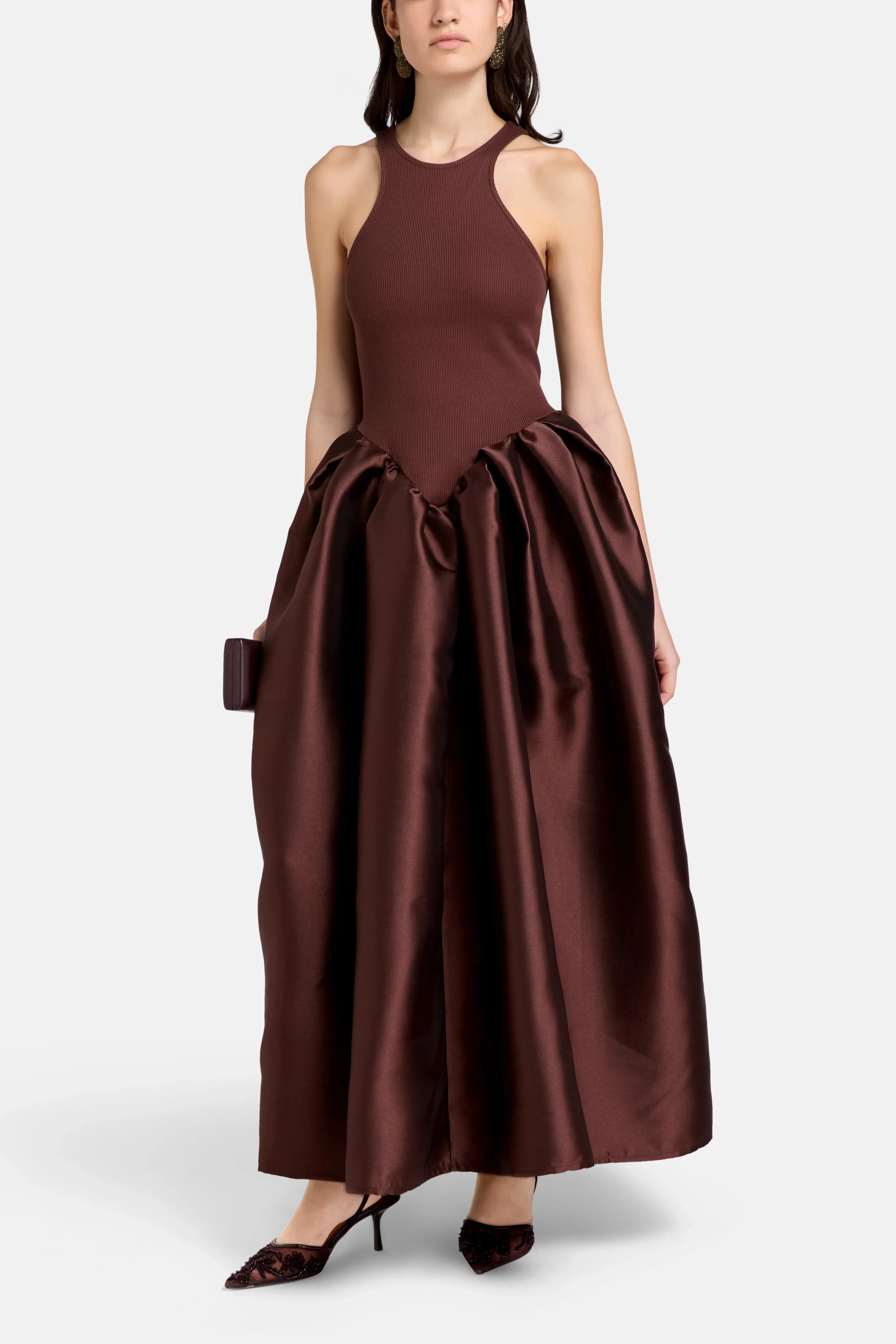 Marques'Almeida Princess Sleeveless Satin Maxi Dress in Brown