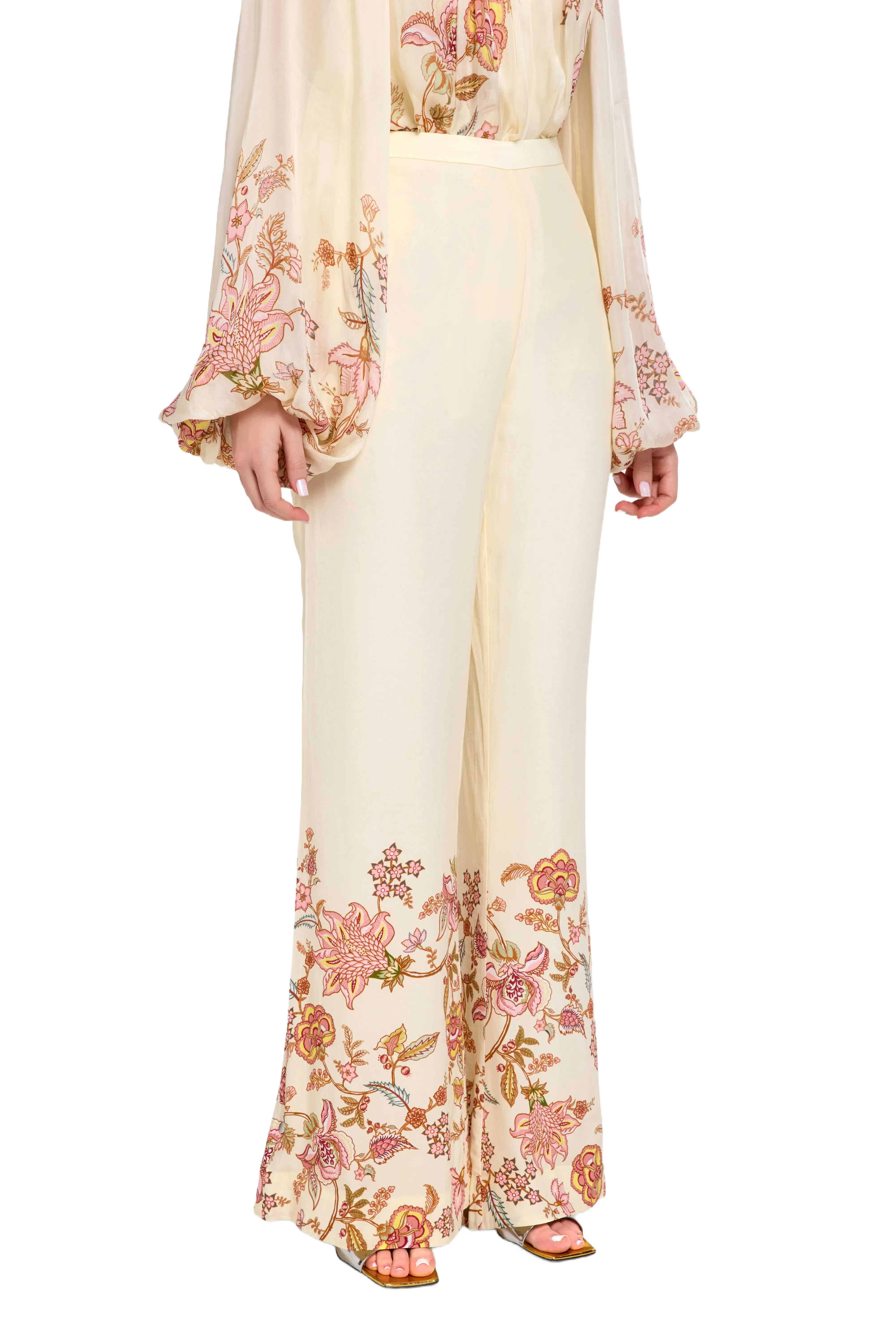 Hemant And Nandita Riah Floral Wide Legged Trousers in Cream