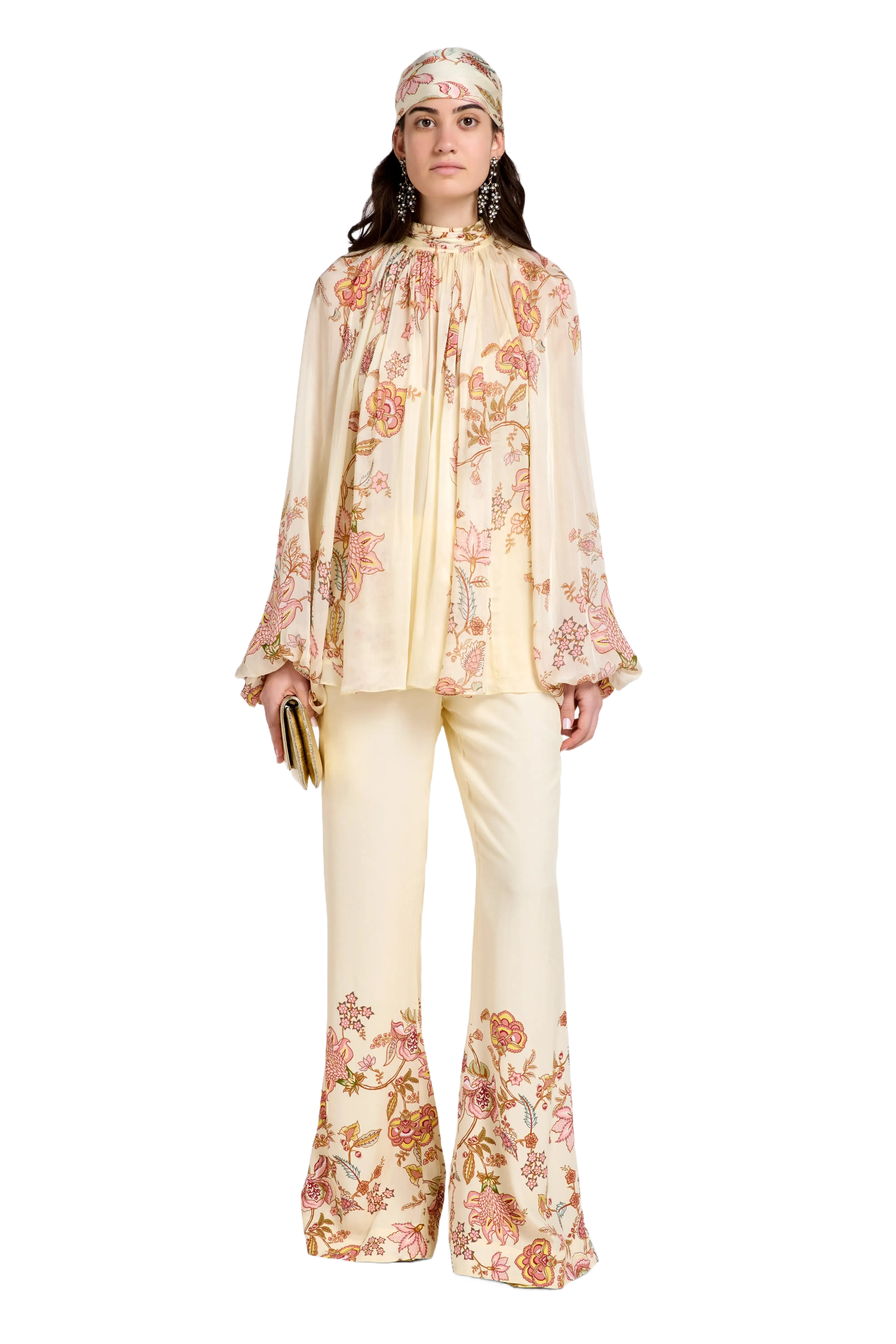 Hemant And Nandita Riah Floral Wide Legged Trousers in Cream