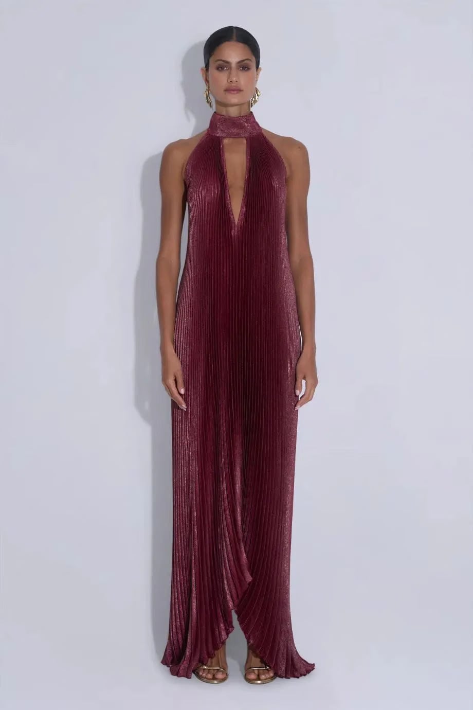L'IDÉE Opera Wine Shimmer Halter Neck Sleeveless Pleated Evening Dress in Red