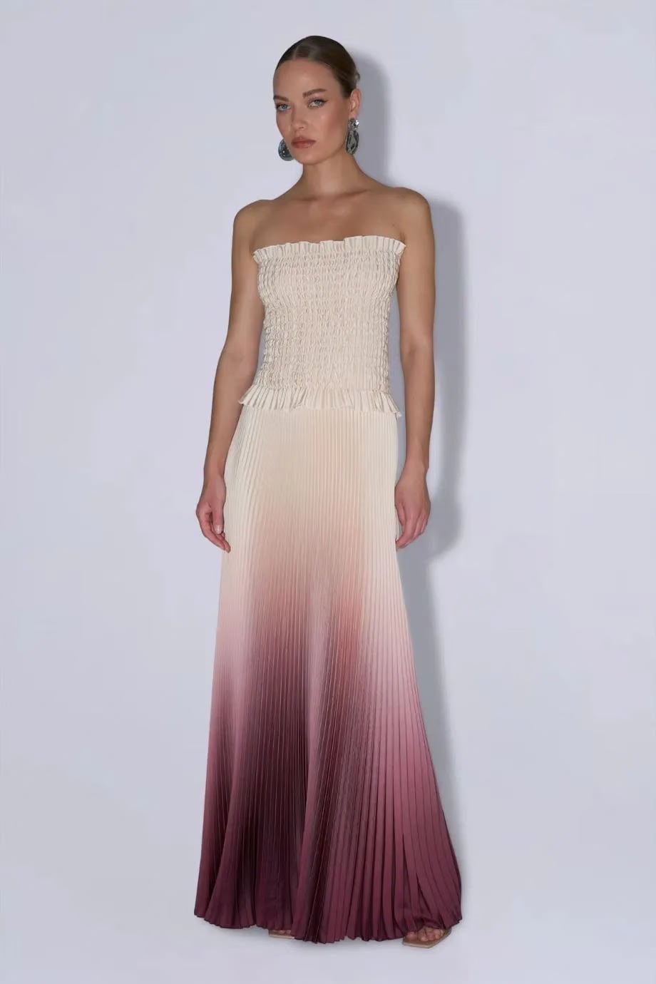 L'IDÉE Maya Souffle Ombre Strapless Pleated Evening Dress in Red