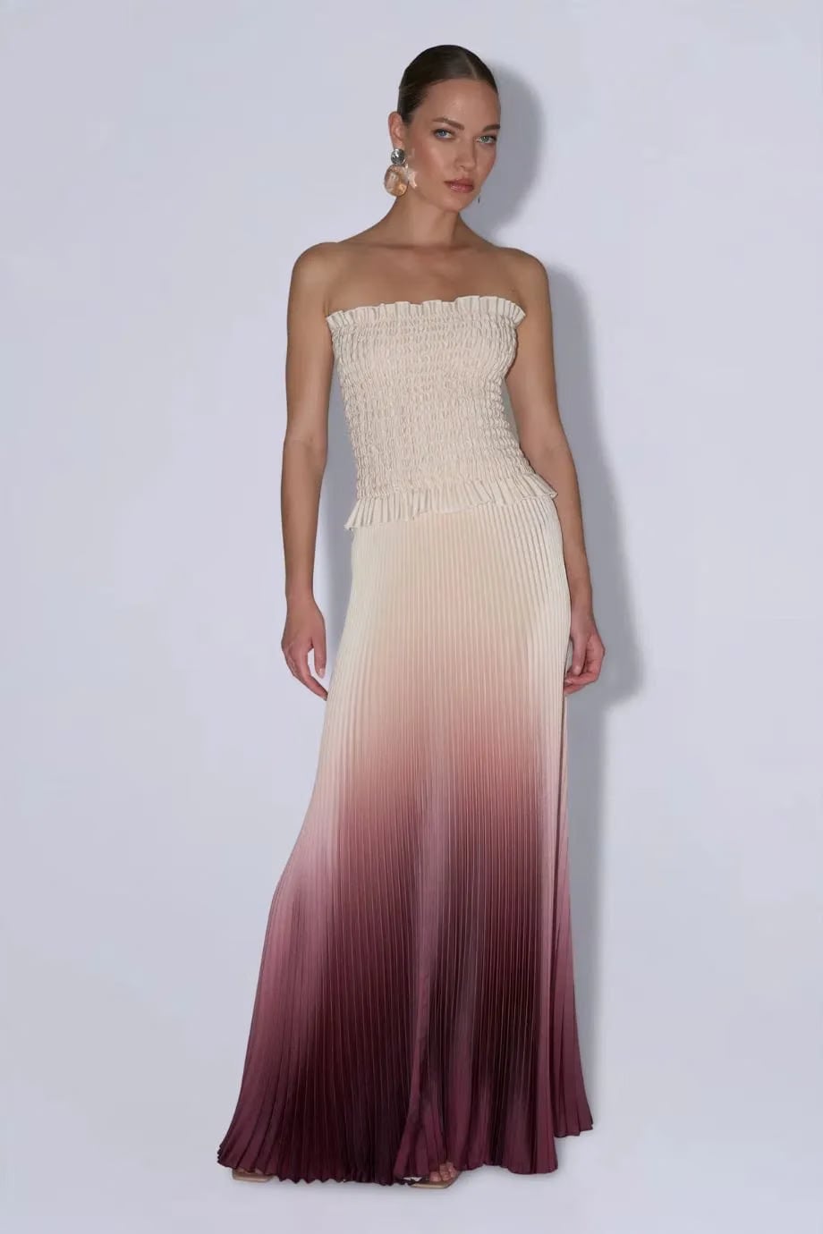 L'IDÉE Maya Souffle Ombre Strapless Pleated Evening Dress in Red