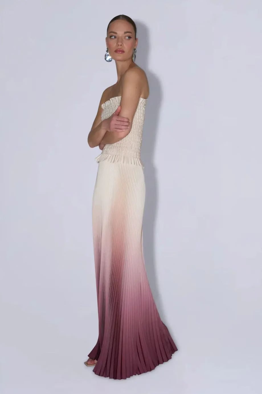 L'IDÉE Maya Souffle Ombre Strapless Pleated Evening Dress in Red