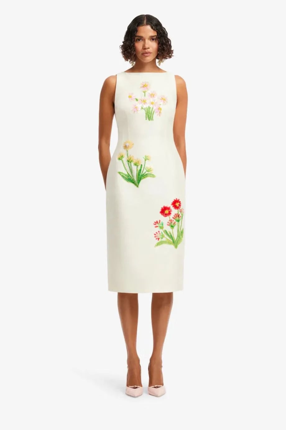 Leo Lin Eleanor Floral Embellished Sleeveless Silk Midi Dress in White