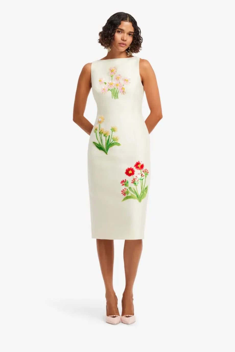Leo Lin Eleanor Floral Embellished Sleeveless Silk Midi Dress in White