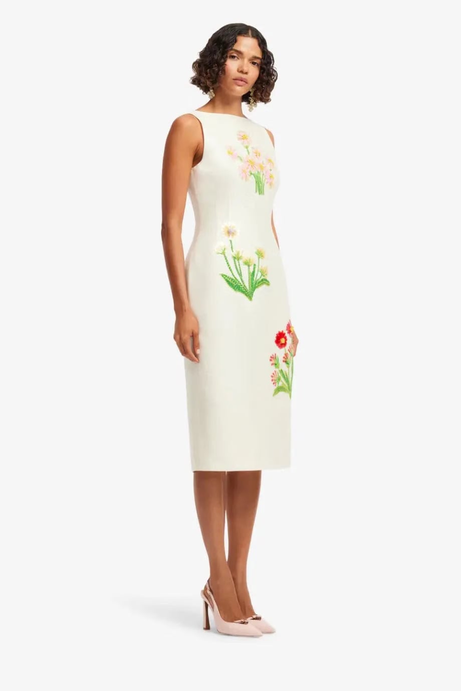 Leo Lin Eleanor Floral Embellished Sleeveless Silk Midi Dress in White
