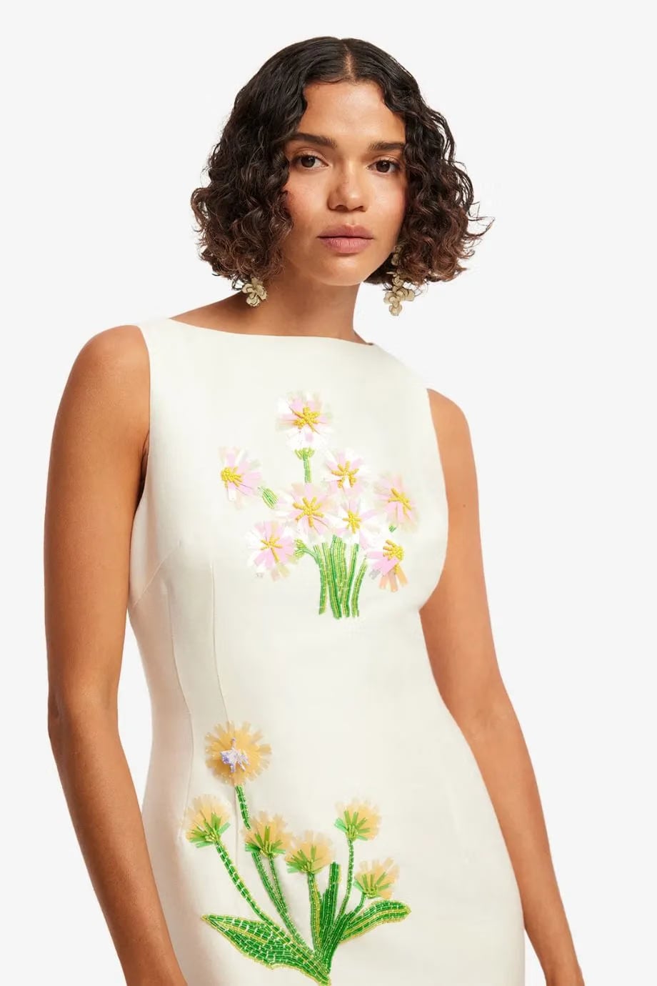Leo Lin Eleanor Floral Embellished Sleeveless Silk Midi Dress in White