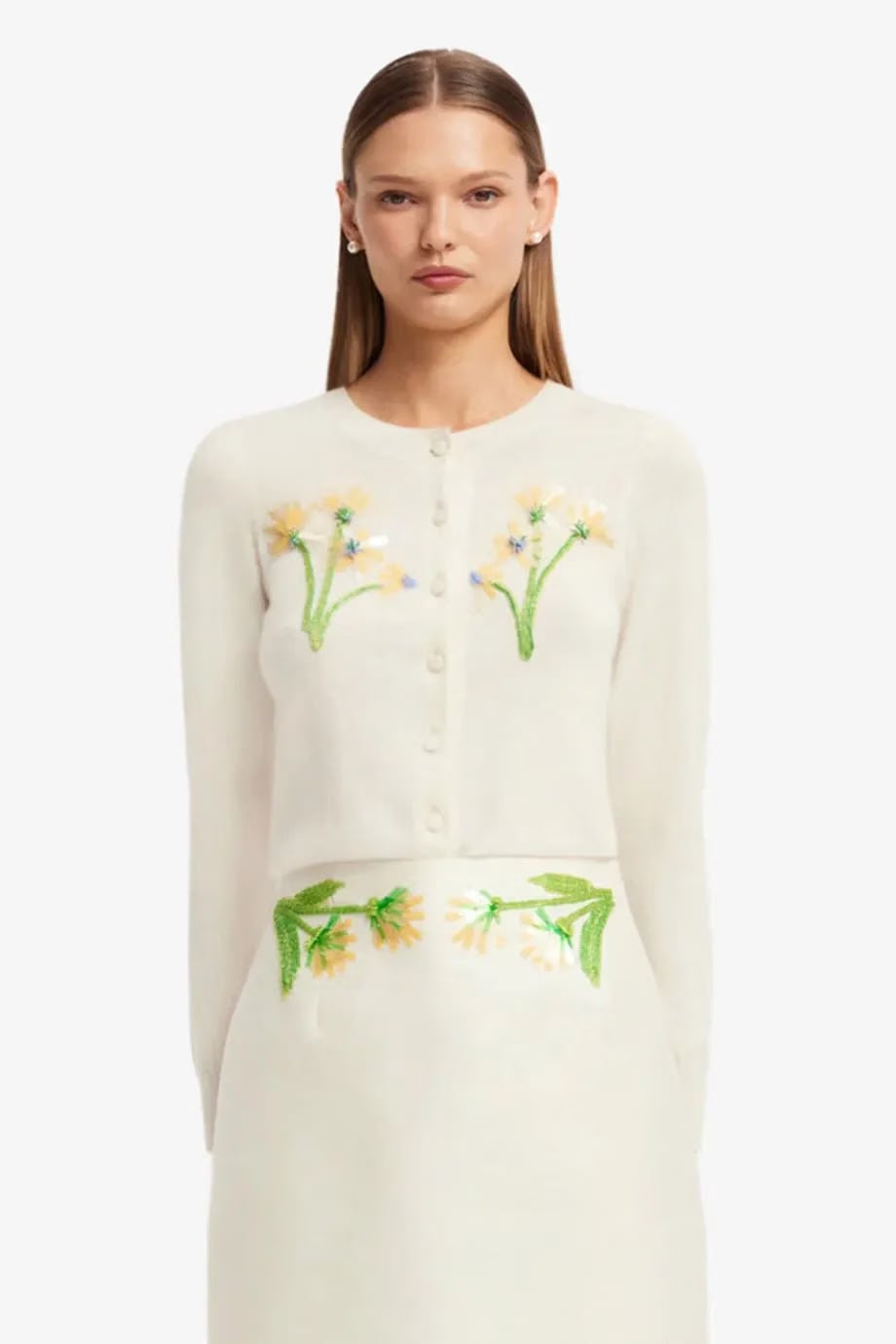 Leo Lin Claire Floral Embellished Wool Cashmere Knit Cardigan in White