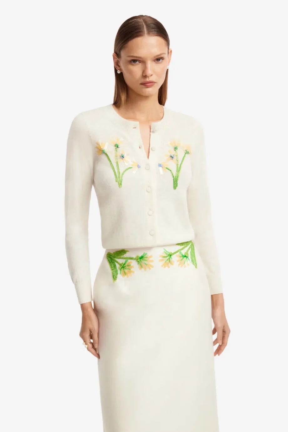 Leo Lin Claire Floral Embellished Wool Cashmere Knit Cardigan in White