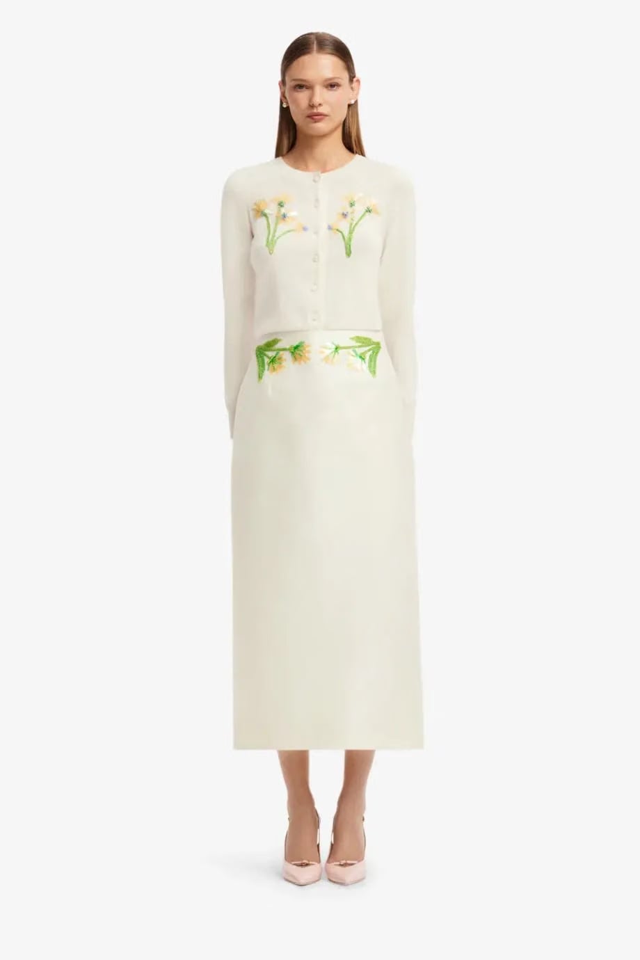 Leo Lin Quinn Floral Embellished Silk Wool Midi Skirt in White