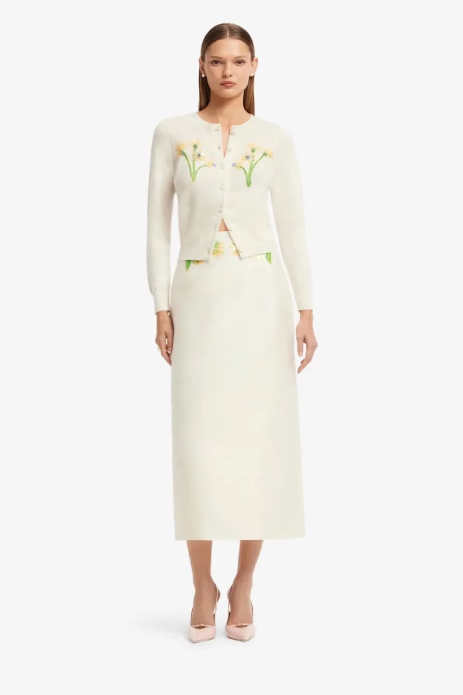 Leo Lin Quinn Floral Embellished Silk Wool Midi Skirt in White