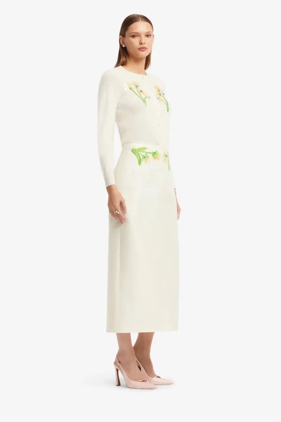 Leo Lin Quinn Floral Embellished Silk Wool Midi Skirt in White