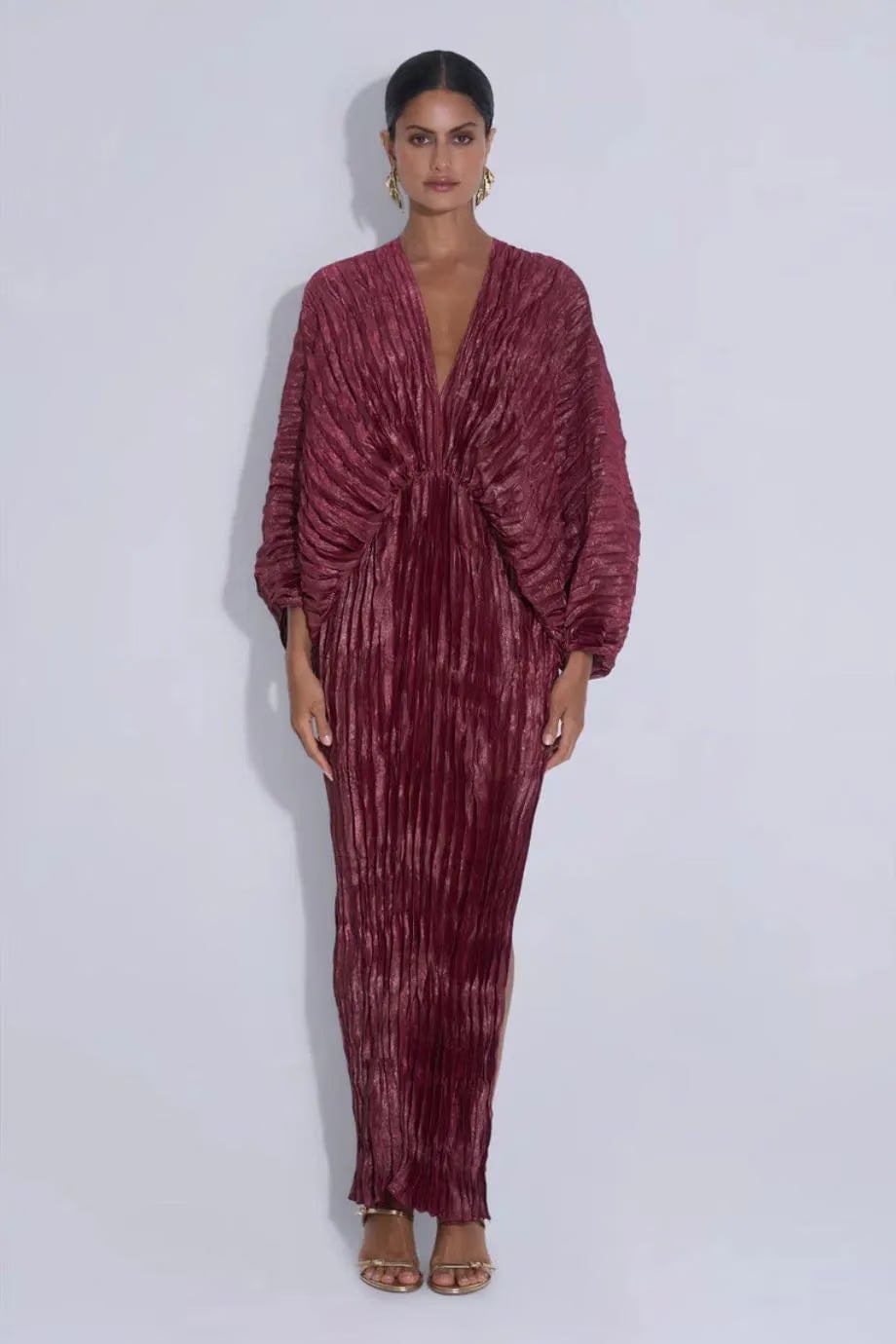 L'IDÉE De Luxe Wine Shimmer Pleated Evening Dress in Red