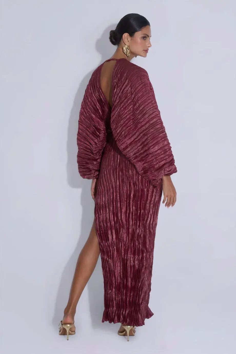 L'IDÉE De Luxe Wine Shimmer Pleated Evening Dress in Red