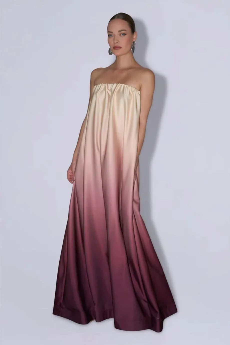 L'IDÉE Costiera Souffle Ombre Silk Velvet Strapless Pleated Evening Dress in Red