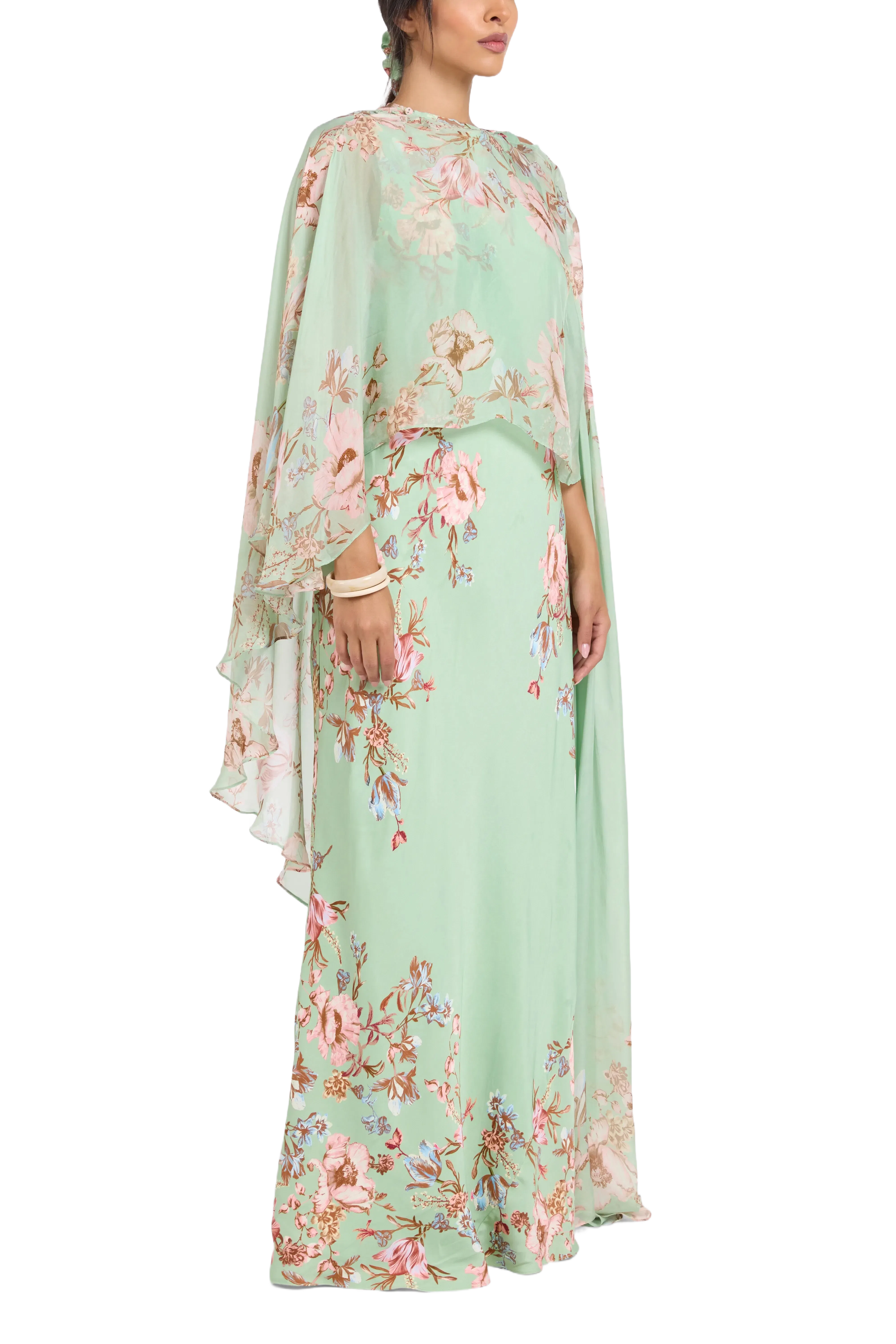 Hemant And Nandita Ezra Bias Floral Cape Maxi Dress in Pink