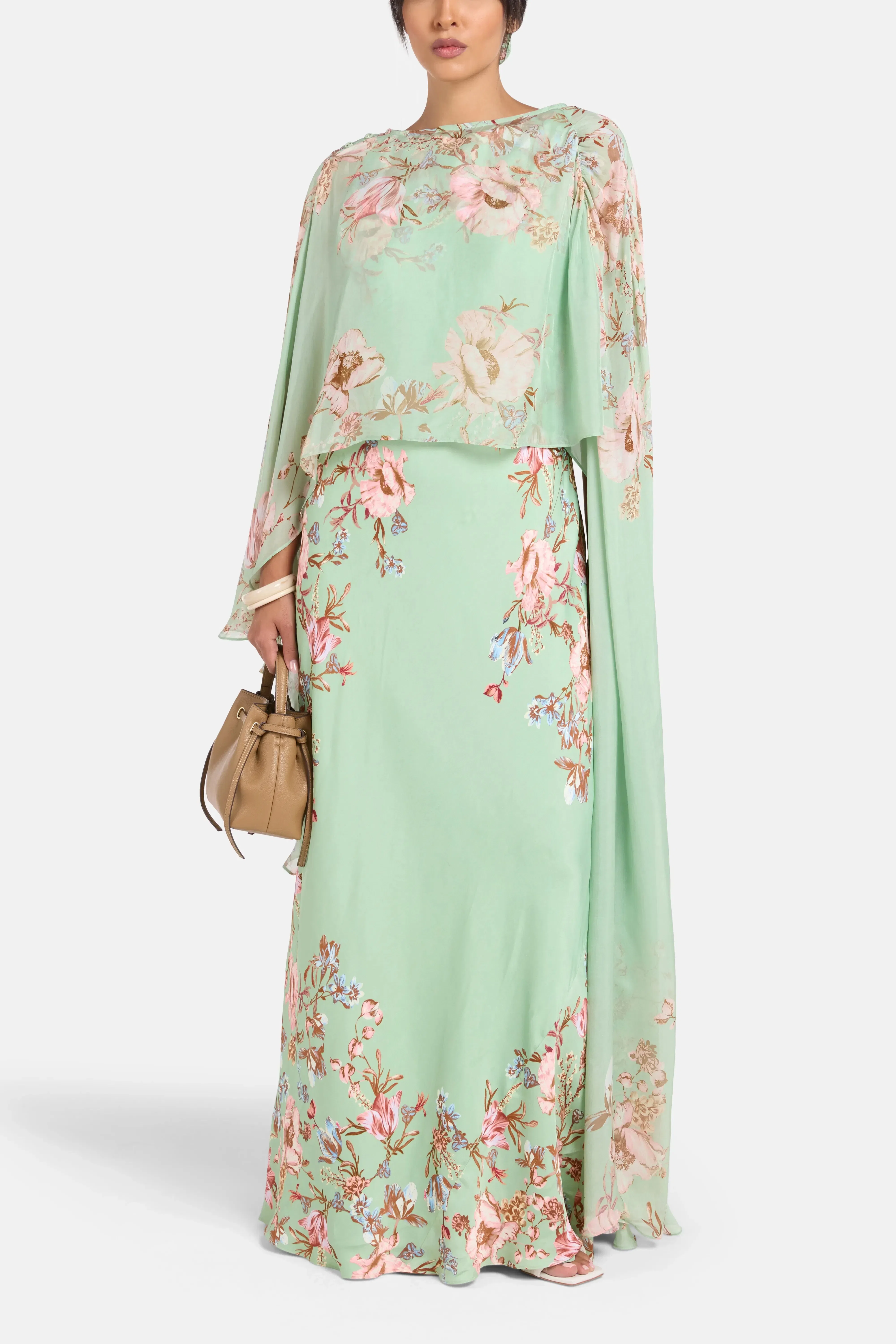 Hemant And Nandita Ezra Bias Floral Cape Maxi Dress in Pink