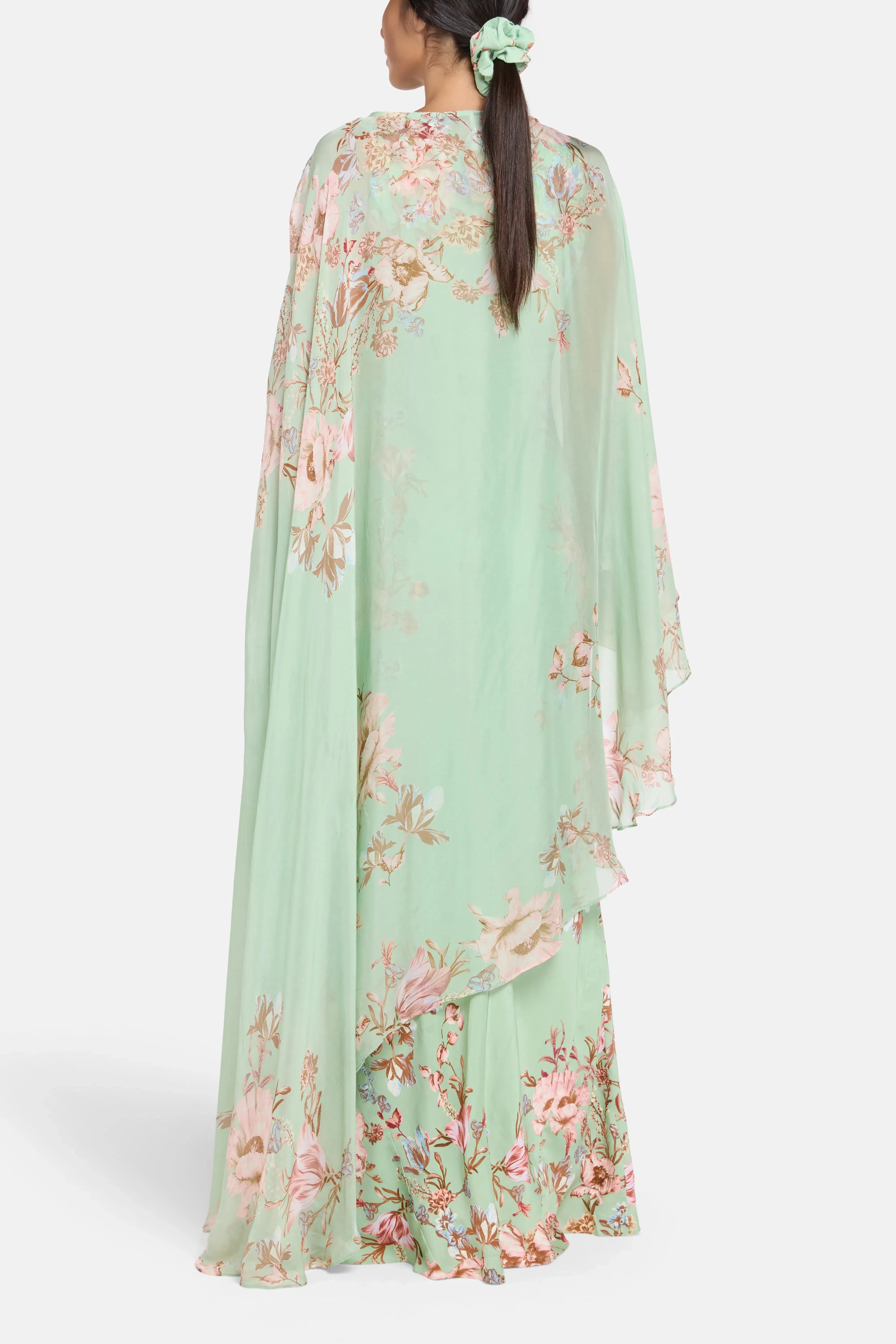 Hemant And Nandita Ezra Bias Floral Cape Maxi Dress in Pink