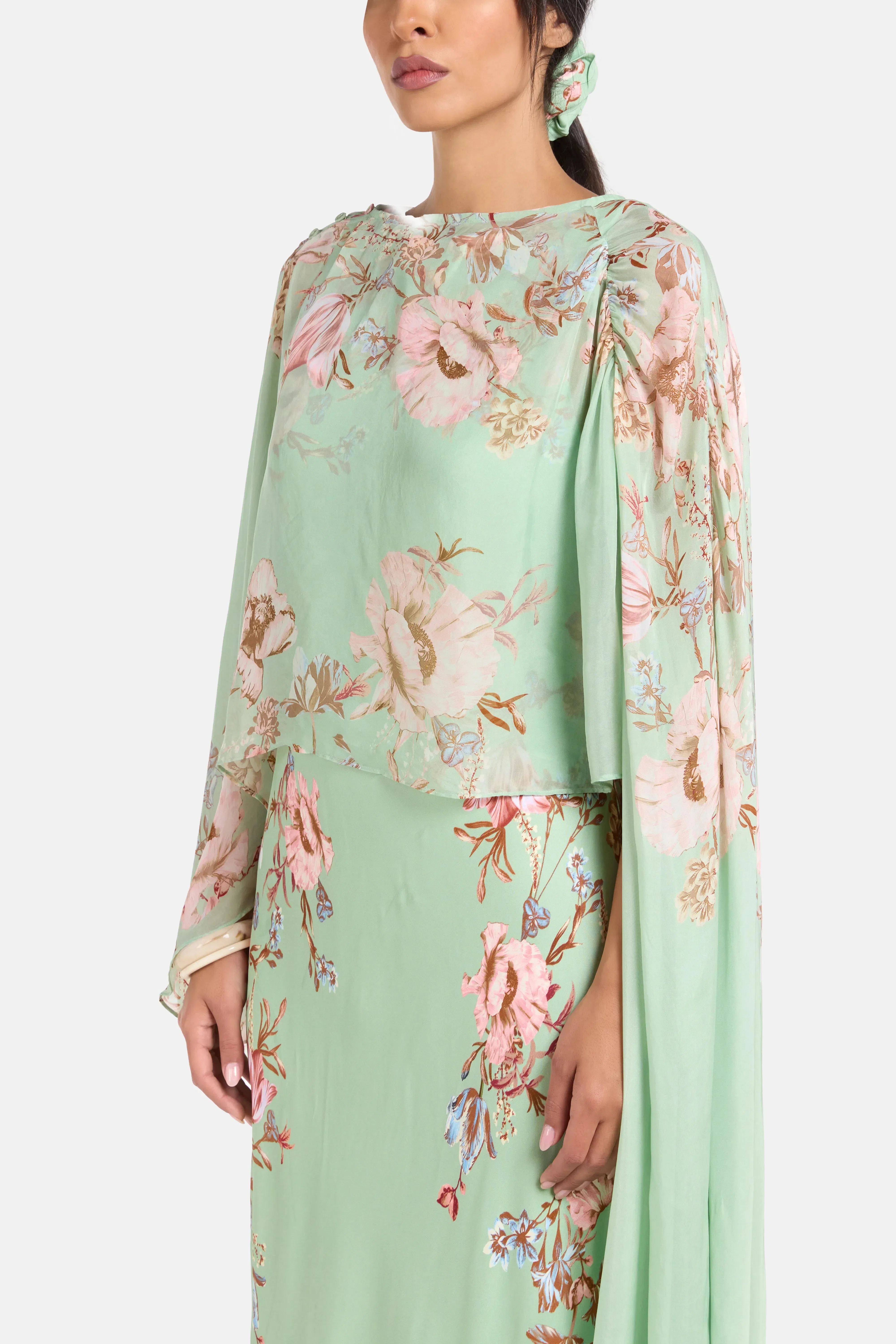 Hemant And Nandita Ezra Bias Floral Cape Maxi Dress in Pink