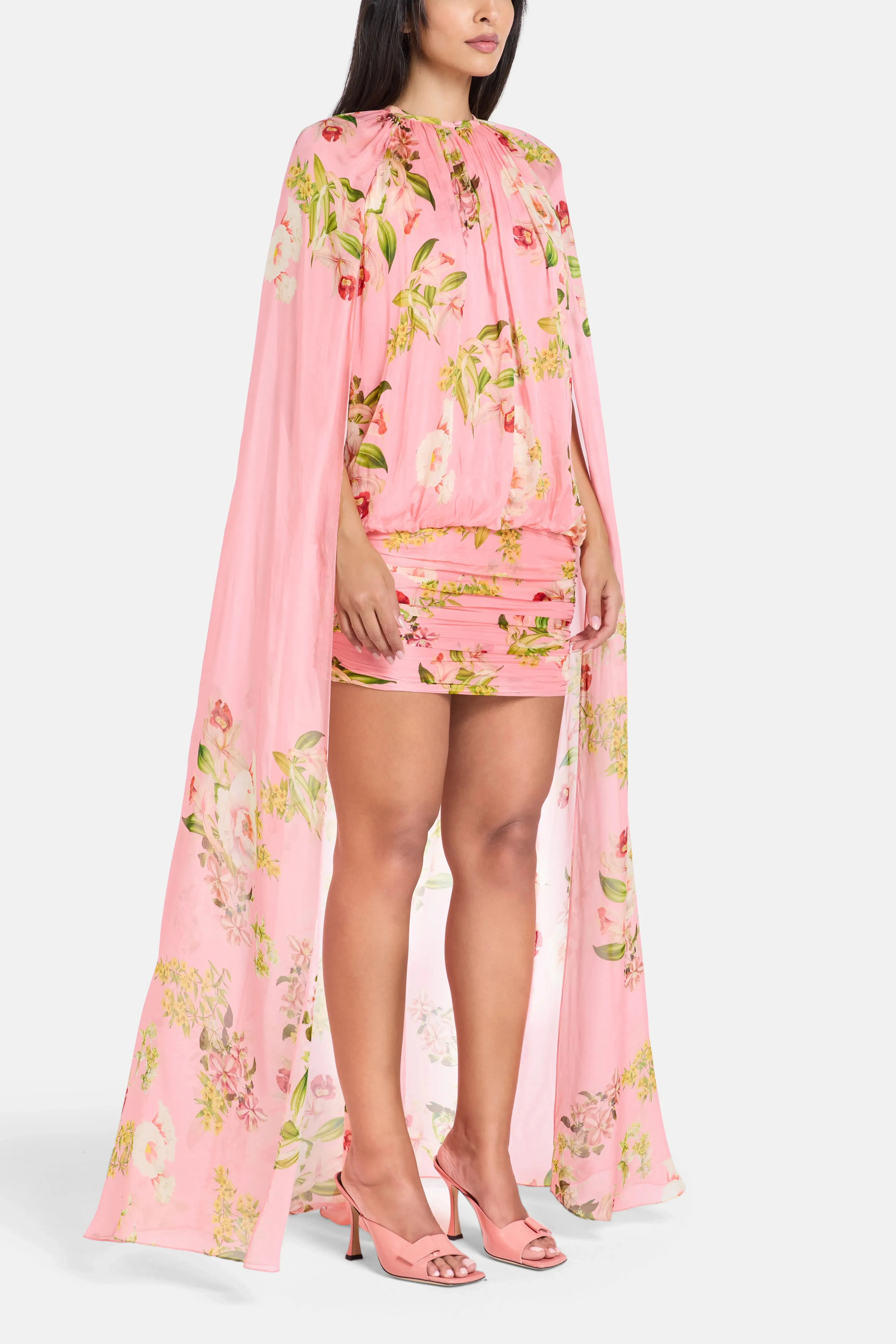 Hemant And Nandita Lena Ruched Cape Mini Dress in Pink