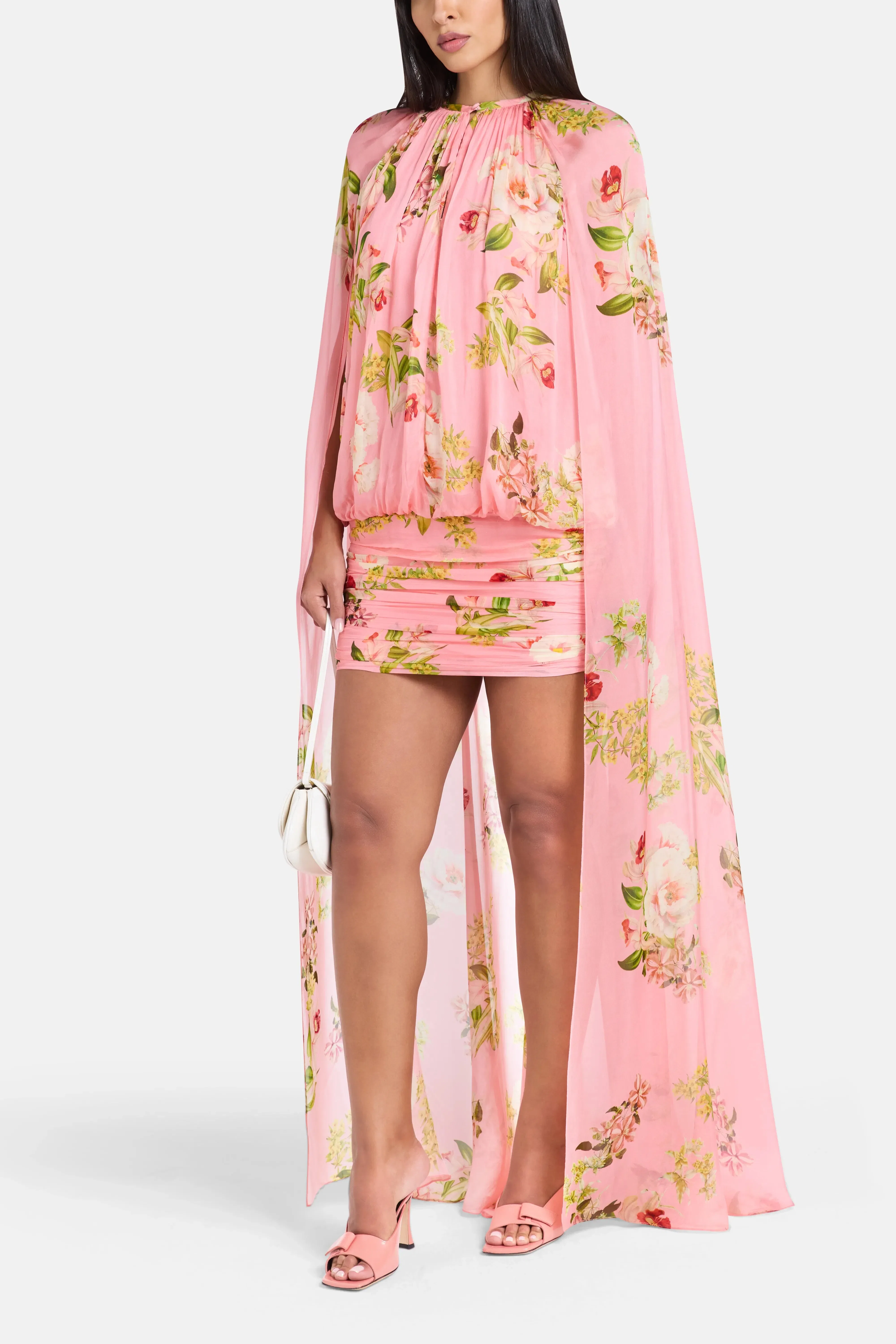 Hemant And Nandita Lena Ruched Cape Mini Dress in Pink