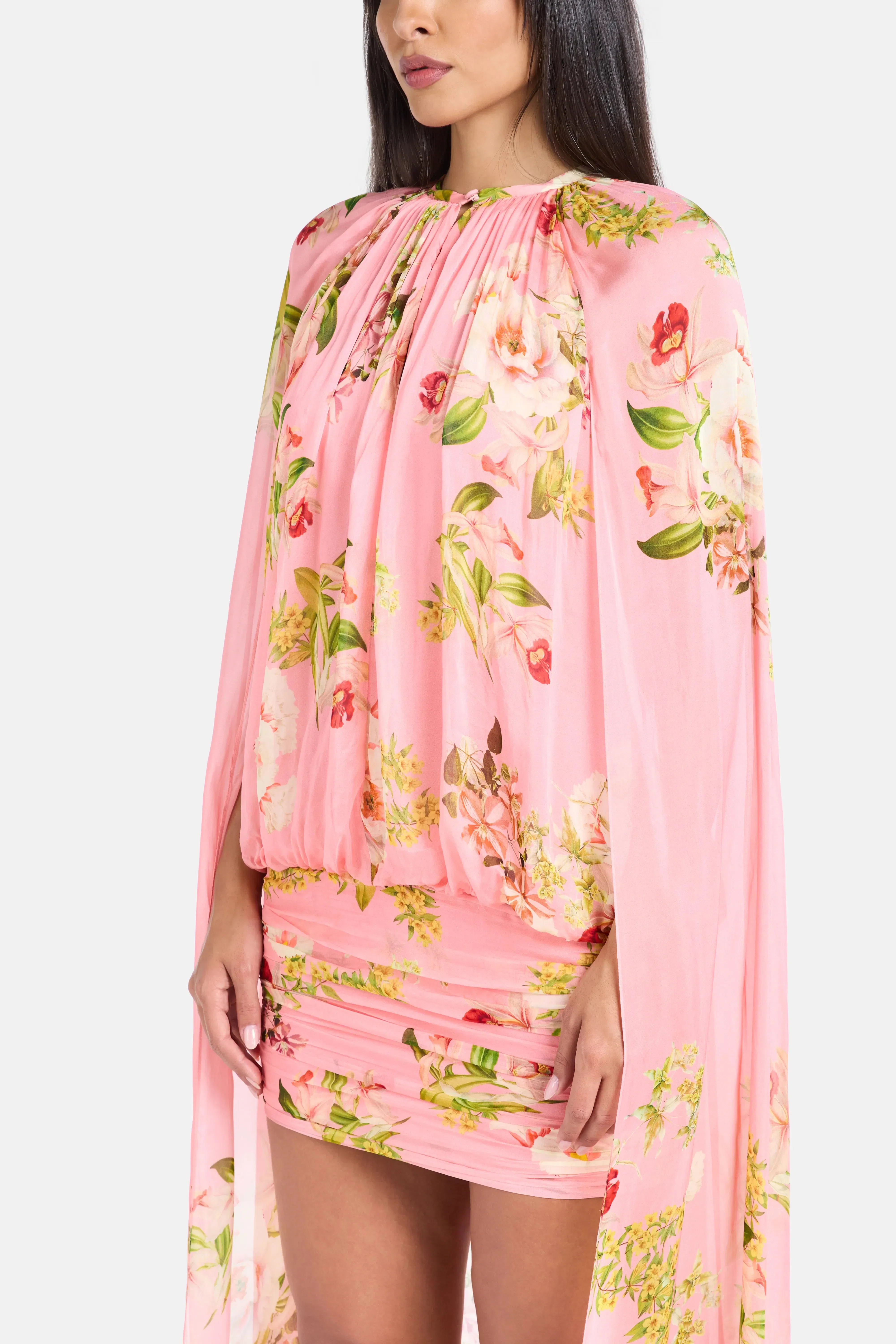 Hemant And Nandita Lena Ruched Cape Mini Dress in Pink