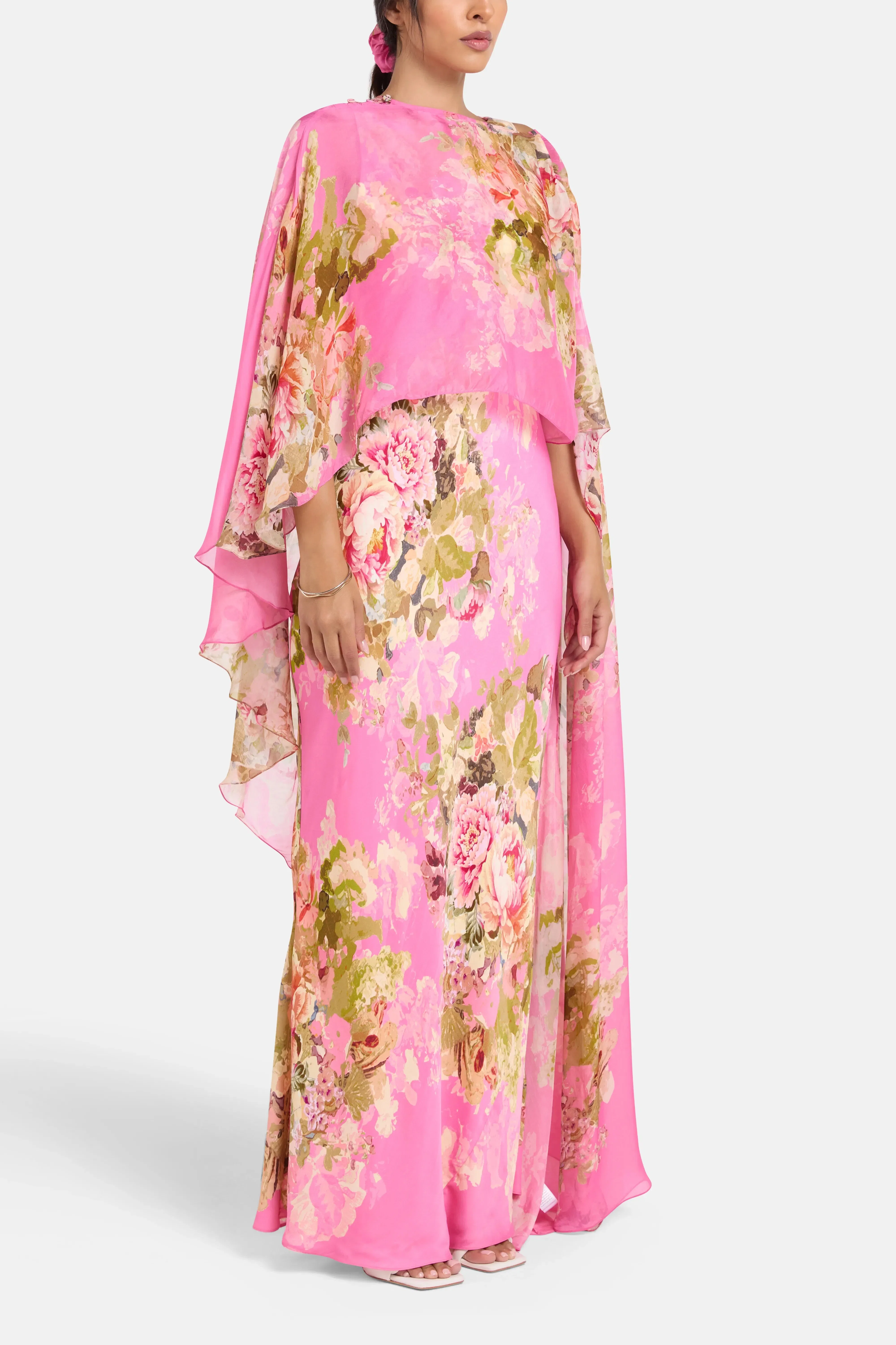 Hemant And Nandita Saro Bias Floral Cape Maxi Dress in Pink