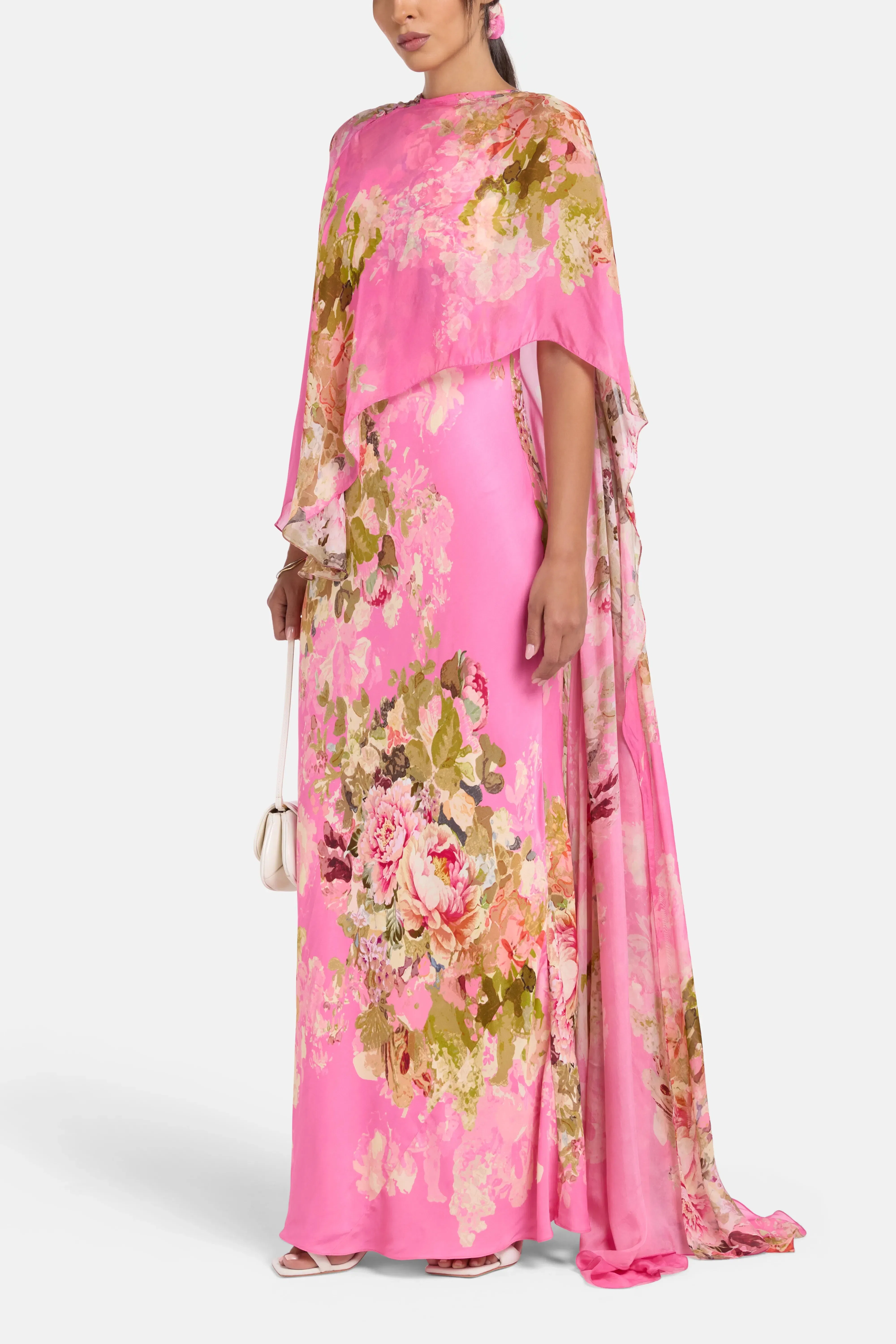 Hemant And Nandita Saro Bias Floral Cape Maxi Dress in Pink