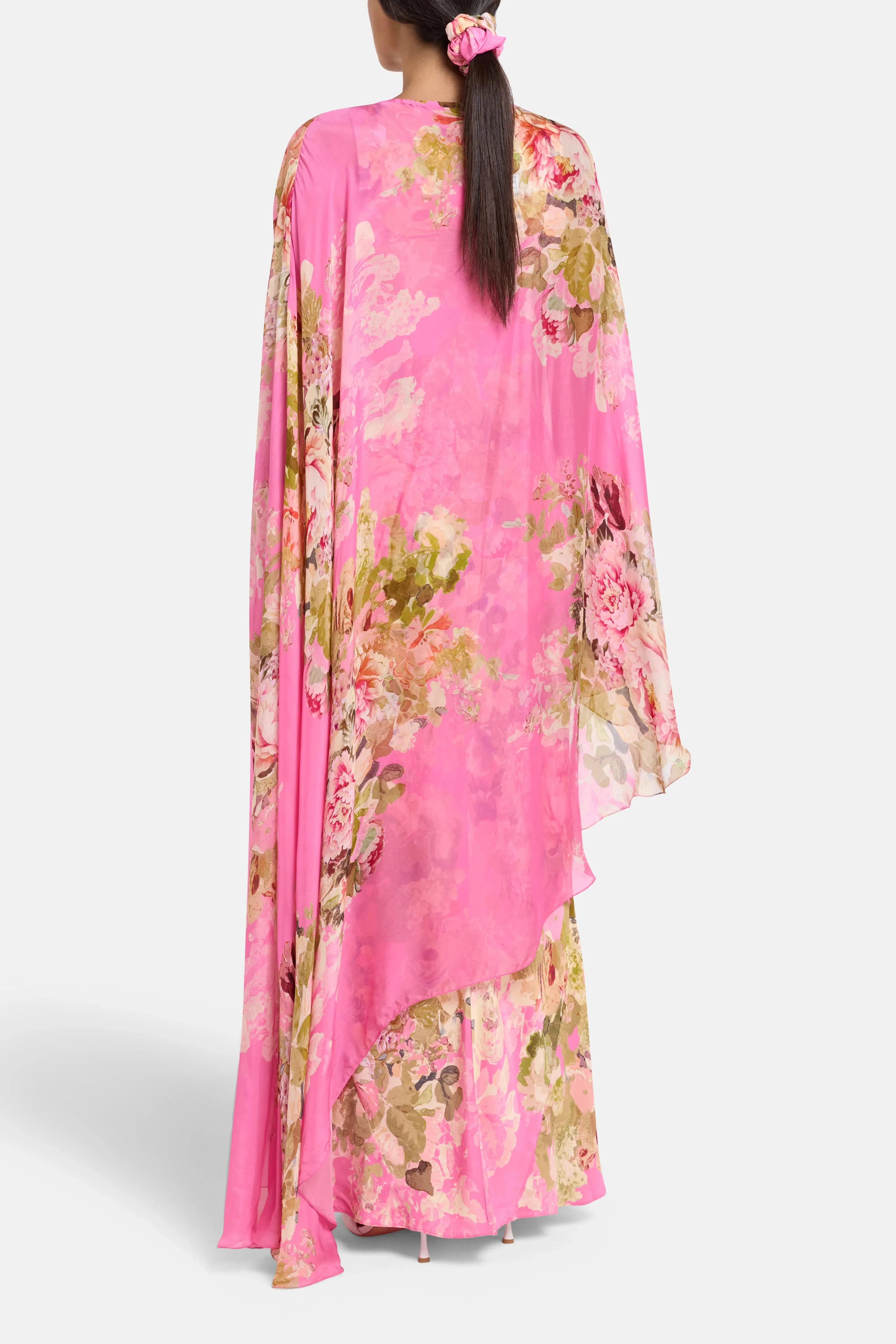 Hemant And Nandita Saro Bias Floral Cape Maxi Dress in Pink