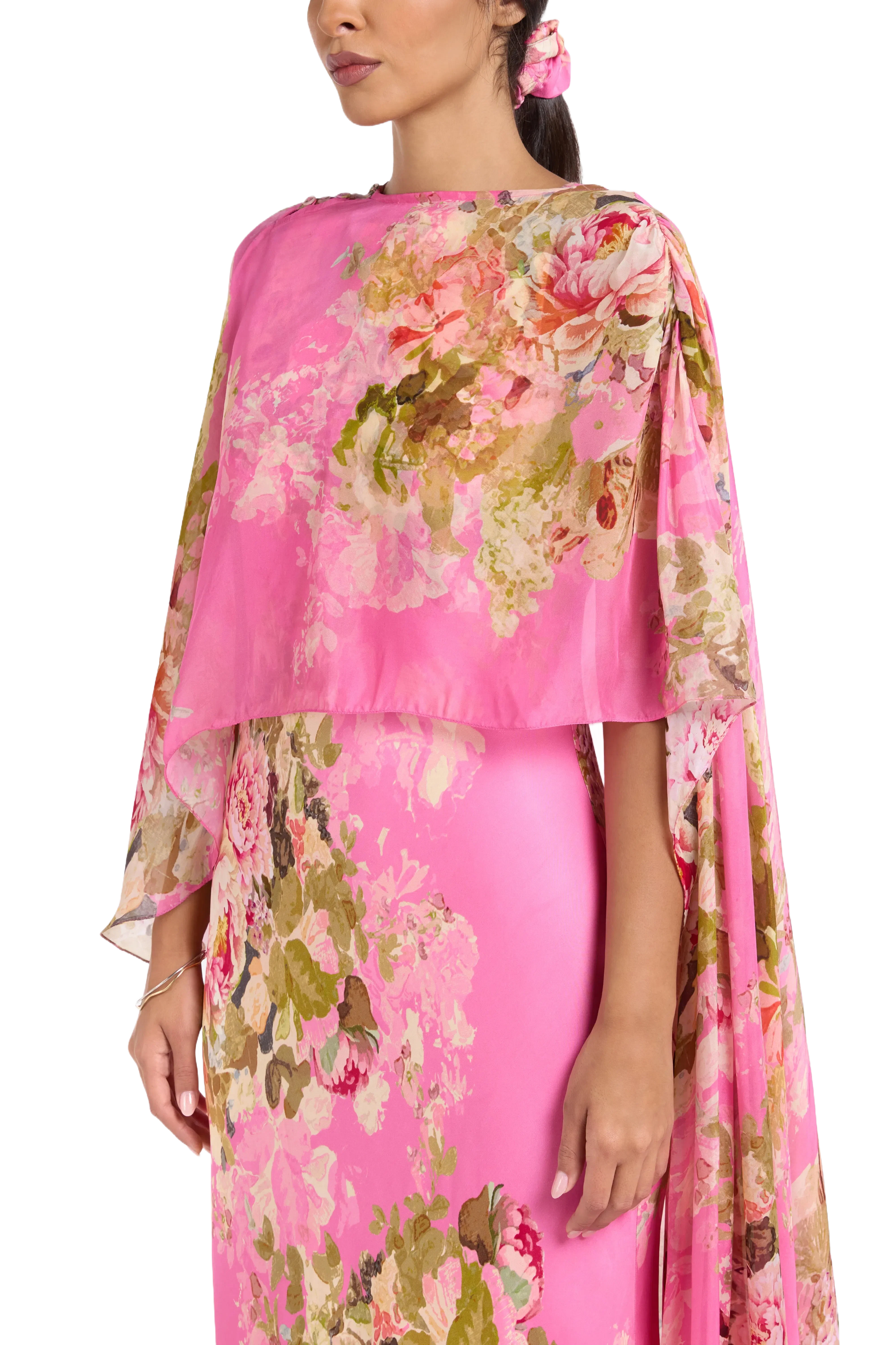 Hemant And Nandita Saro Bias Floral Cape Maxi Dress in Pink