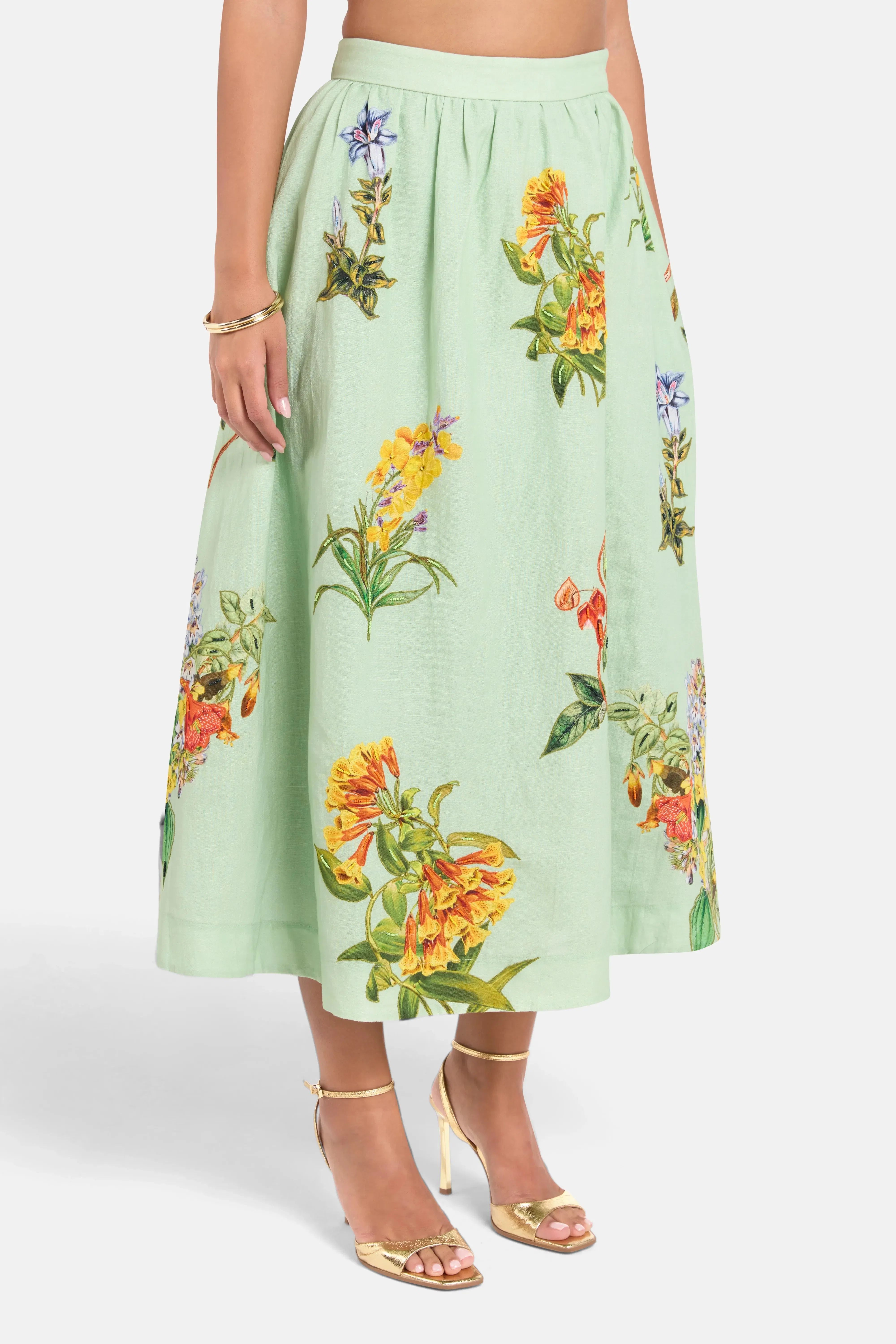 Hemant And Nandita Baku Floral Linen Cotton Midi Skirt in Green