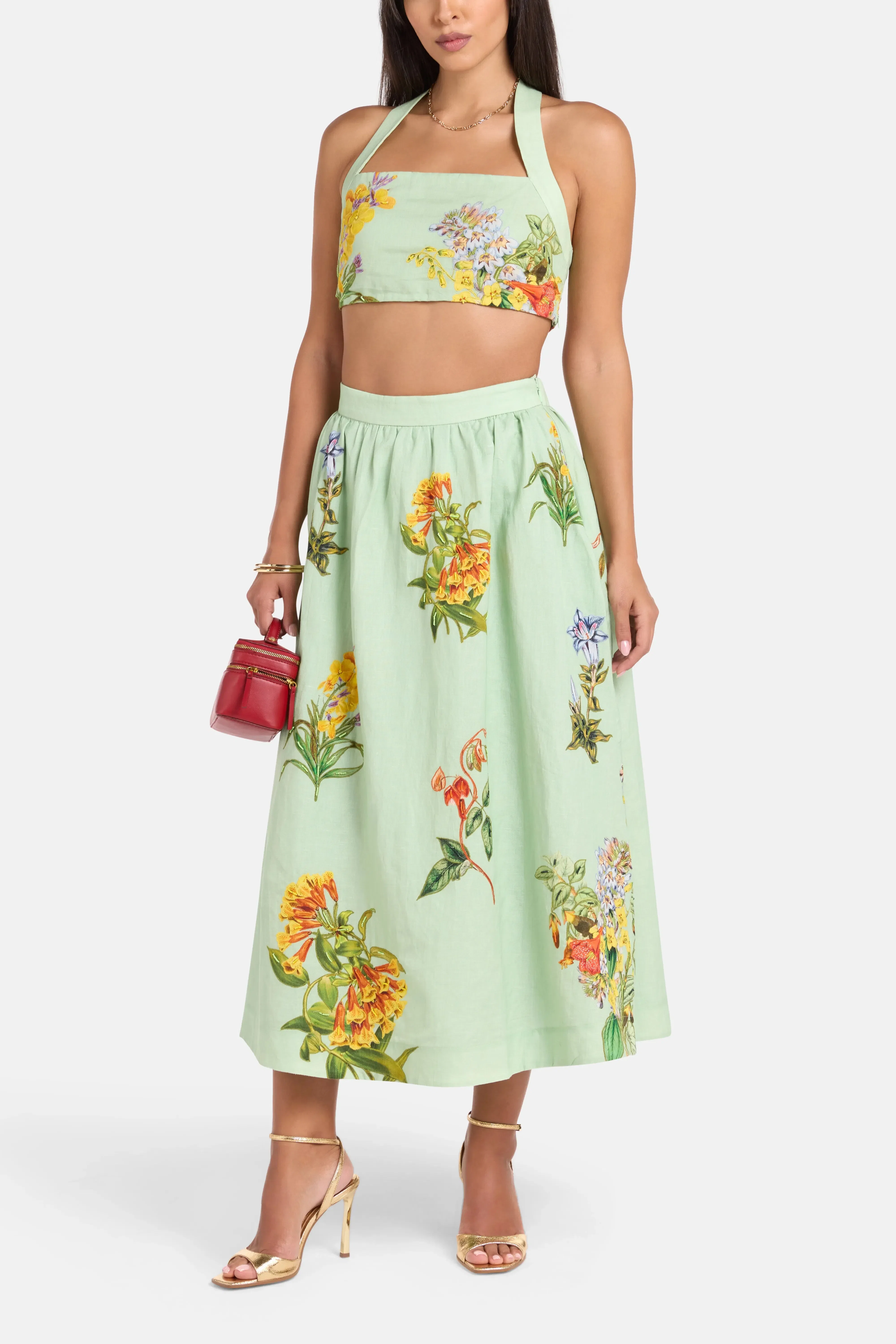 Hemant And Nandita Baku Floral Linen Cotton Midi Skirt in Green