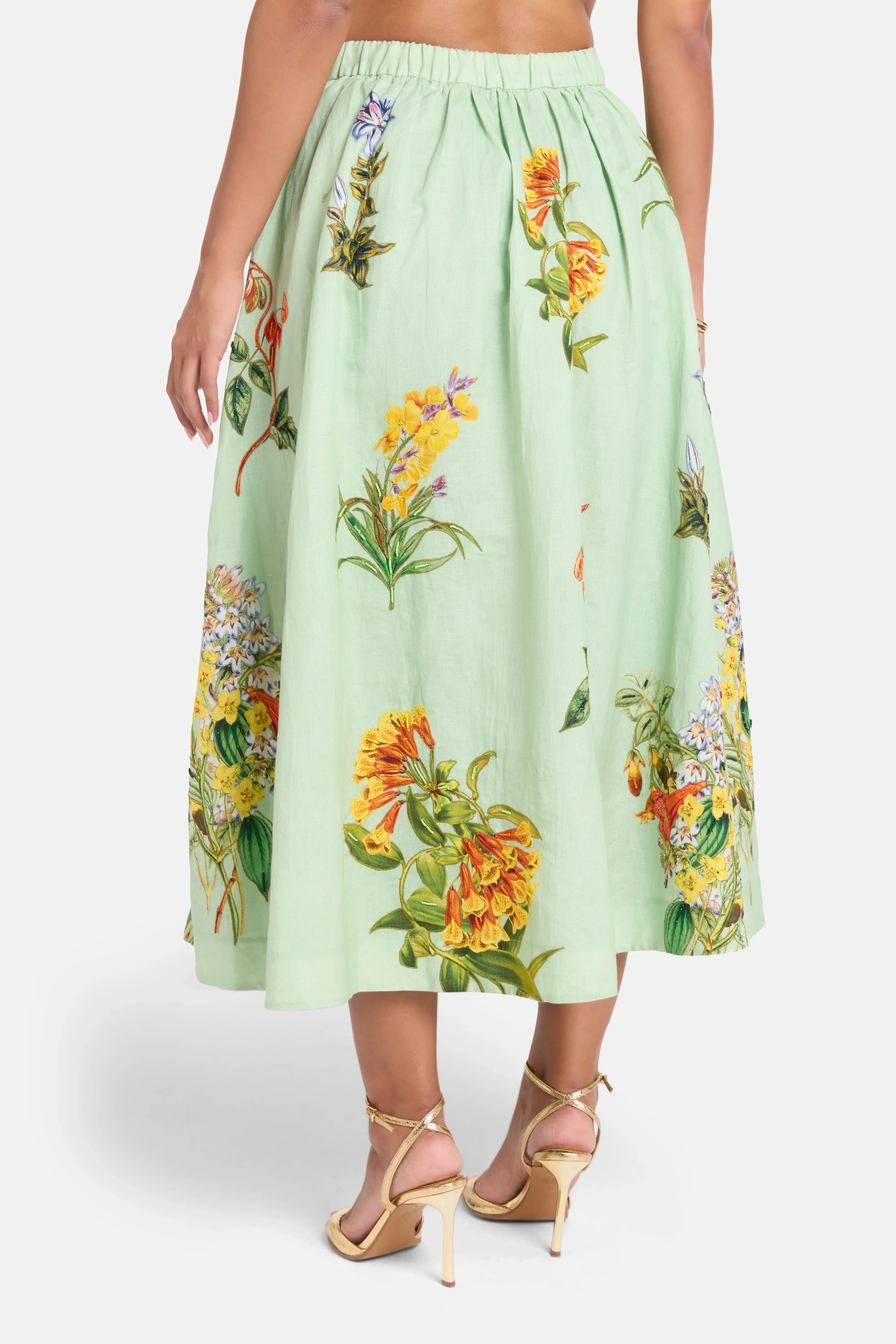 Hemant And Nandita Baku Floral Linen Cotton Midi Skirt in Green